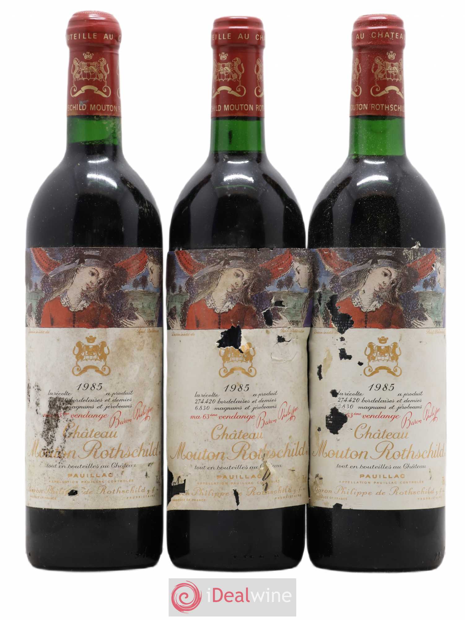 Château Mouton Rothschild 1er Grand Cru Classé 1985 - Lot de 3 bouteilles - 0