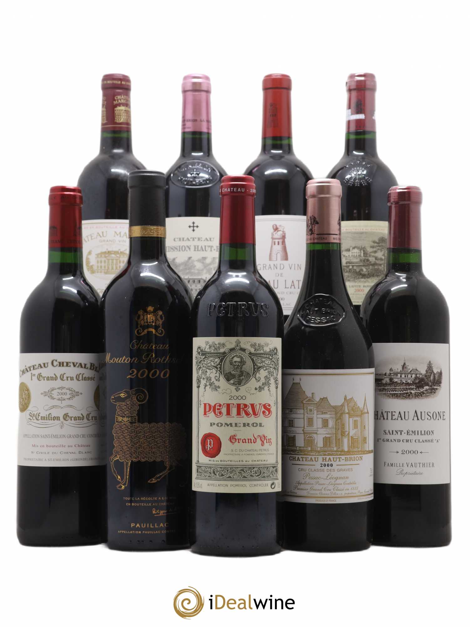 Caisse Duclot 1 Lafite Rothschild - 1 Latour - 1 Cheval Blanc - 1 Margaux - 1 Mouton Rothschild - 1 Petrus - 1 La Mission Haut Brion - 1 Ausone - 1 Haut Brion 2000 - Posten von 9 Flaschen - 0