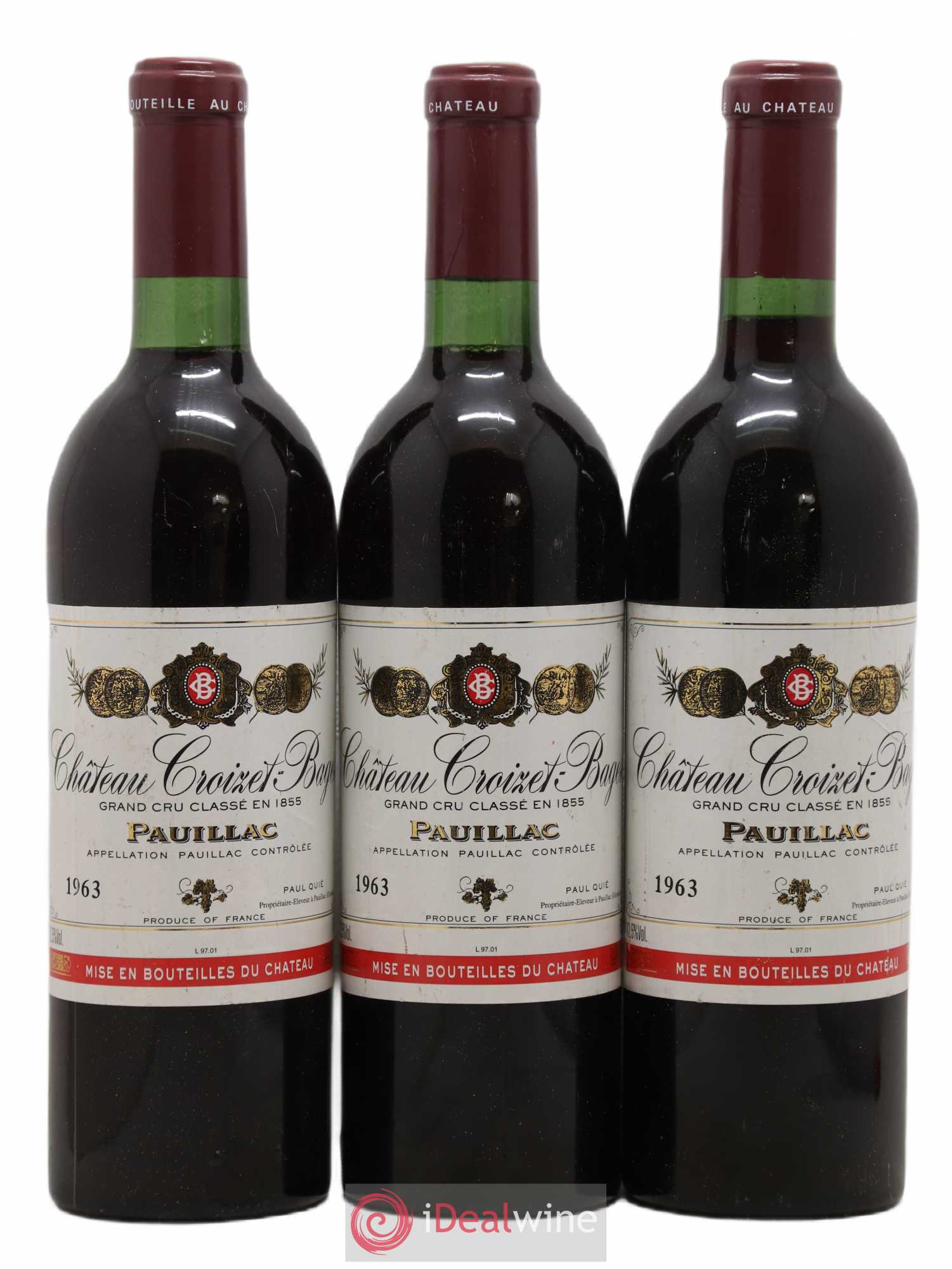 Château Croizet Bages 5ème Grand Cru Classé 1963 - Lot de 3 bouteilles - 0