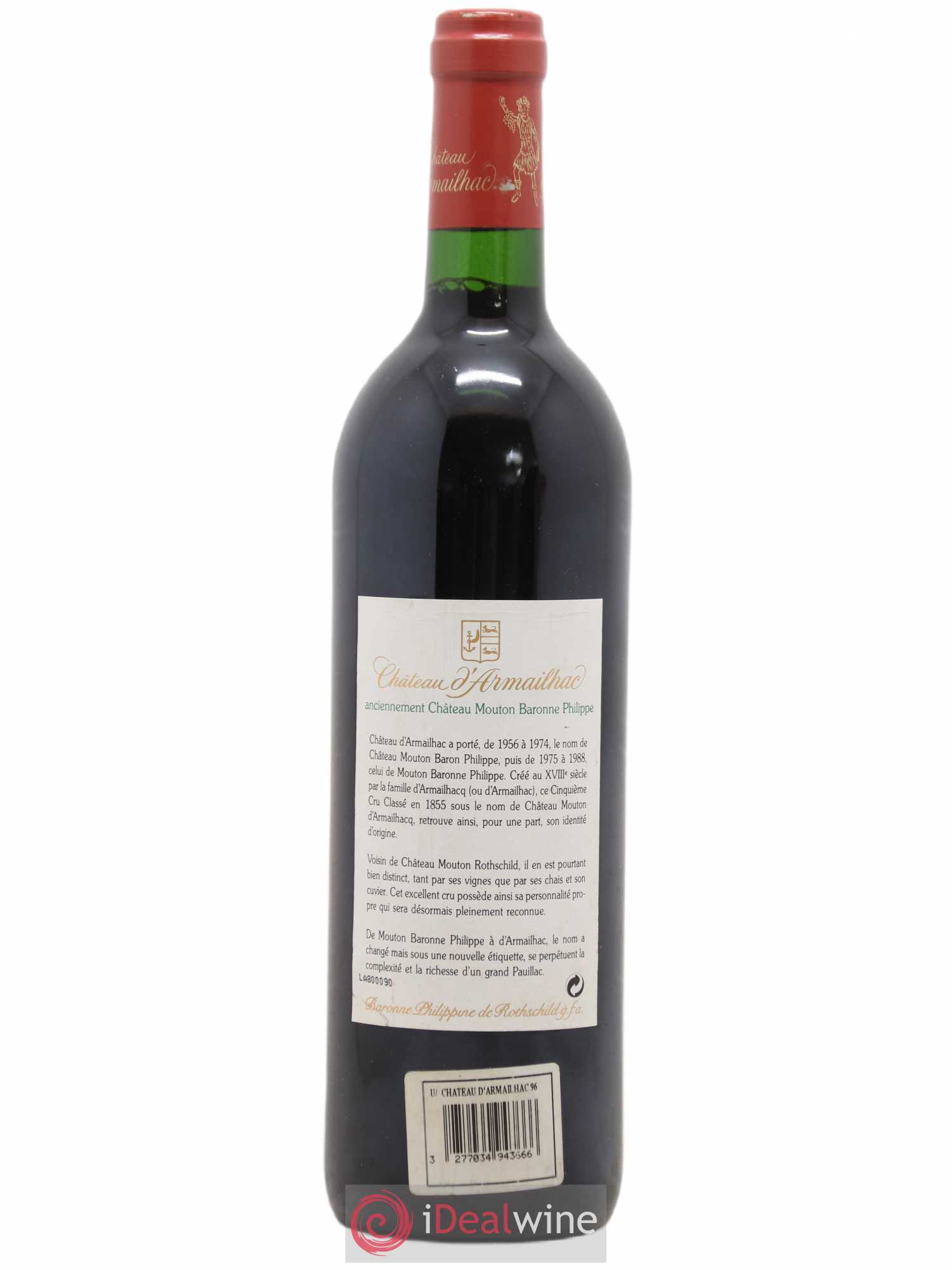 Château d' Armailhac - Mouton Baron(ne) Philippe 5ème Grand Cru Classé 1996 - Lot de 1 bouteille - 1