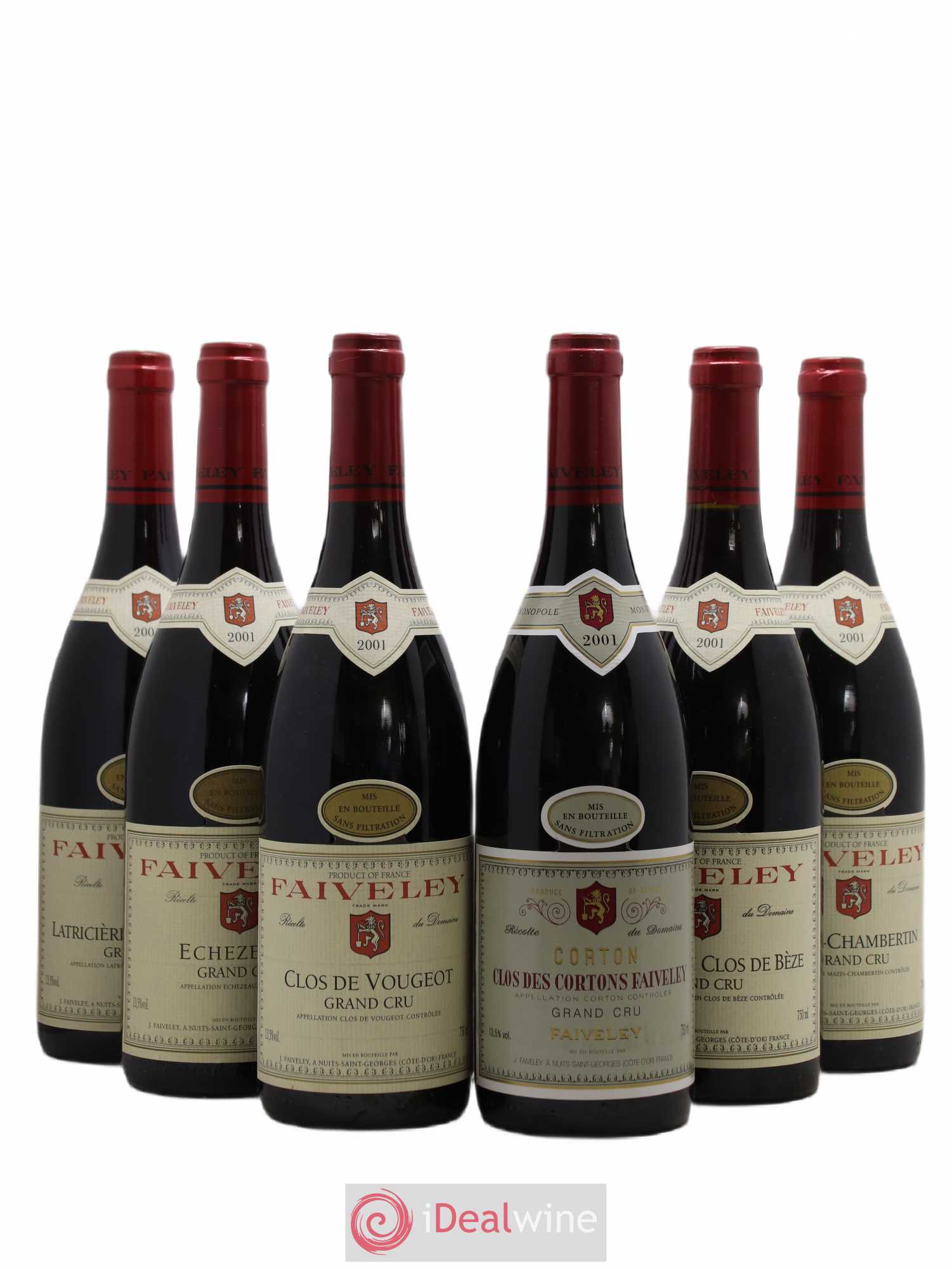 Caisse Grands Crus Faiveley Mazis-Chambertin - Chambertin Clos De Beze - Echezeaux - Clos Des Cortons - Clos de Vougeot - Latricieres-Chambertin 2001 - Lotto di 6 bottiglie - 0