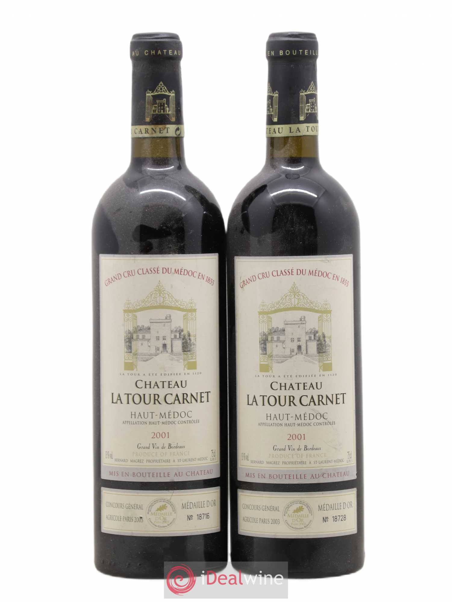 Château la Tour Carnet 4ème Grand Cru Classé 2001 - Lot de 2 bouteilles - 0