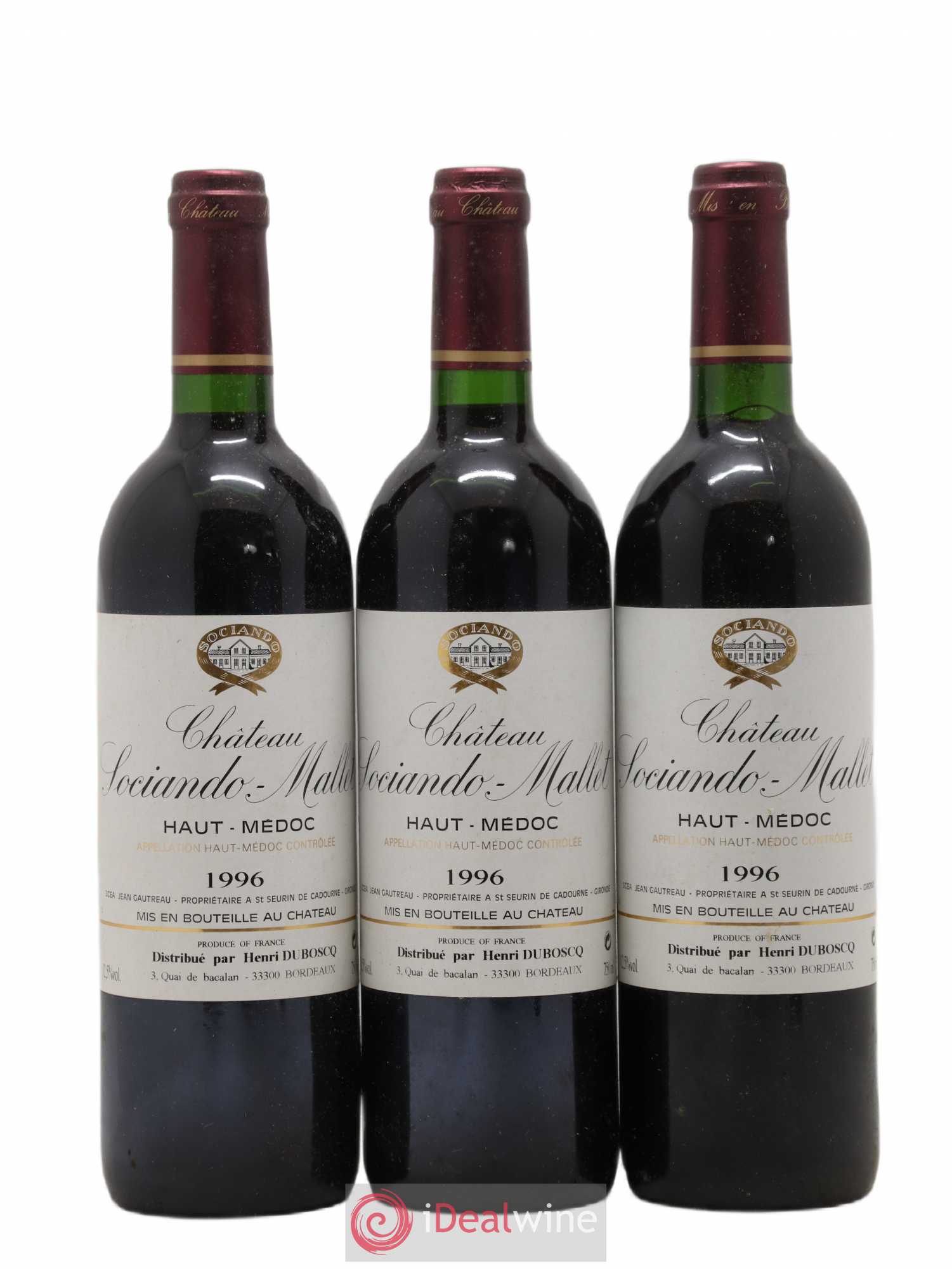 Château Sociando Mallet 1996 - Lot de 3 bouteilles - 0