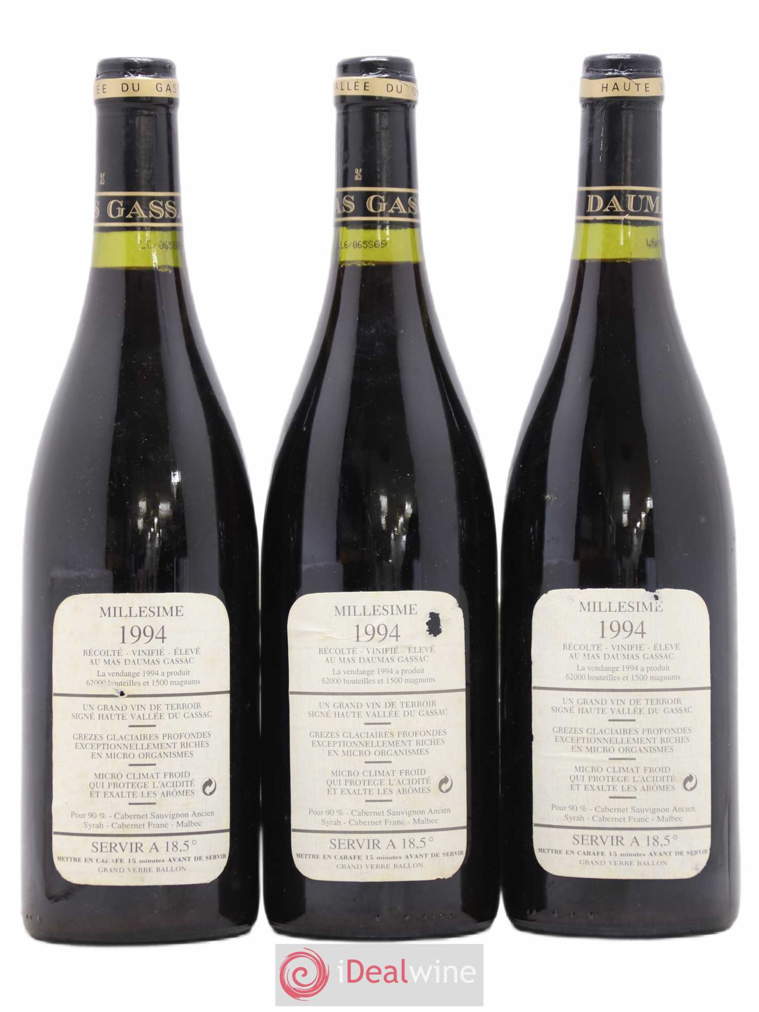 Saint-Guilhem-le-Désert - Cité d'Aniane Mas Daumas Gassac Famille Guibert de La Vaissière 1994 - Lot de 3 bouteilles - 1