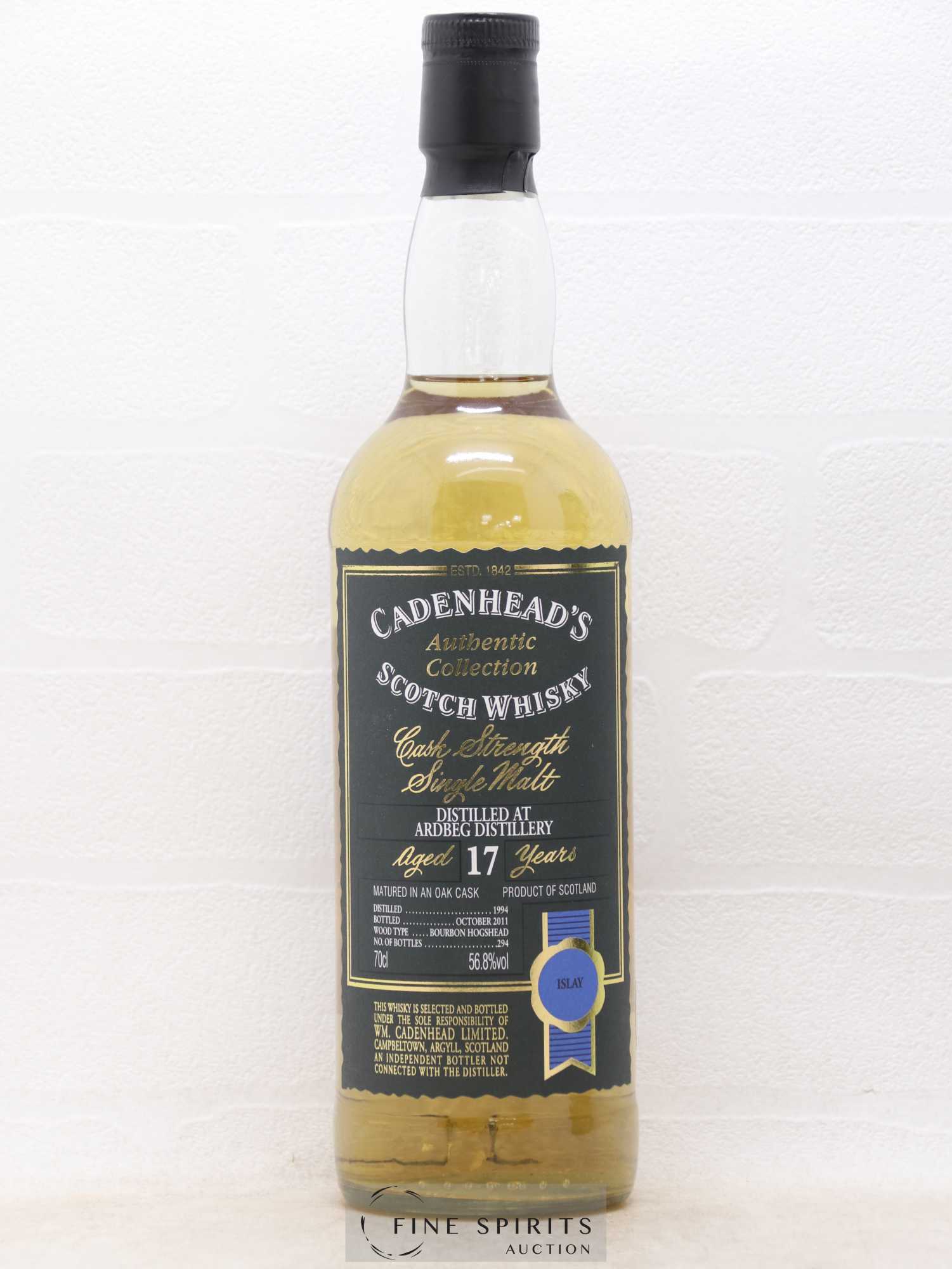 Ardbeg 17 years 1994 Cadenhead's Bourbon Hogshead - One of 294 - bottled 2011 Authentic Collection - Lot of 1 bottle - 1