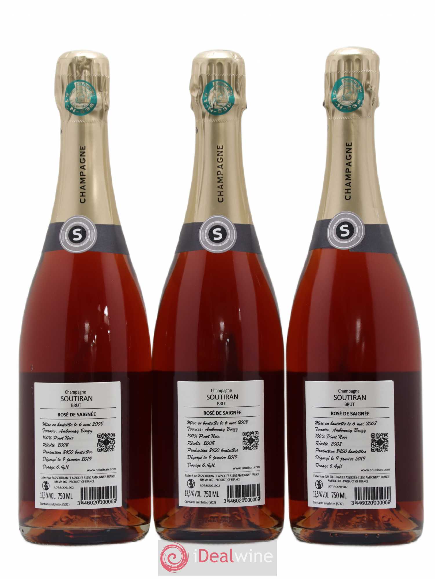 Champagne - Rosé de Saignée  Soutiran - Lotto di 3 bottiglie - 1
