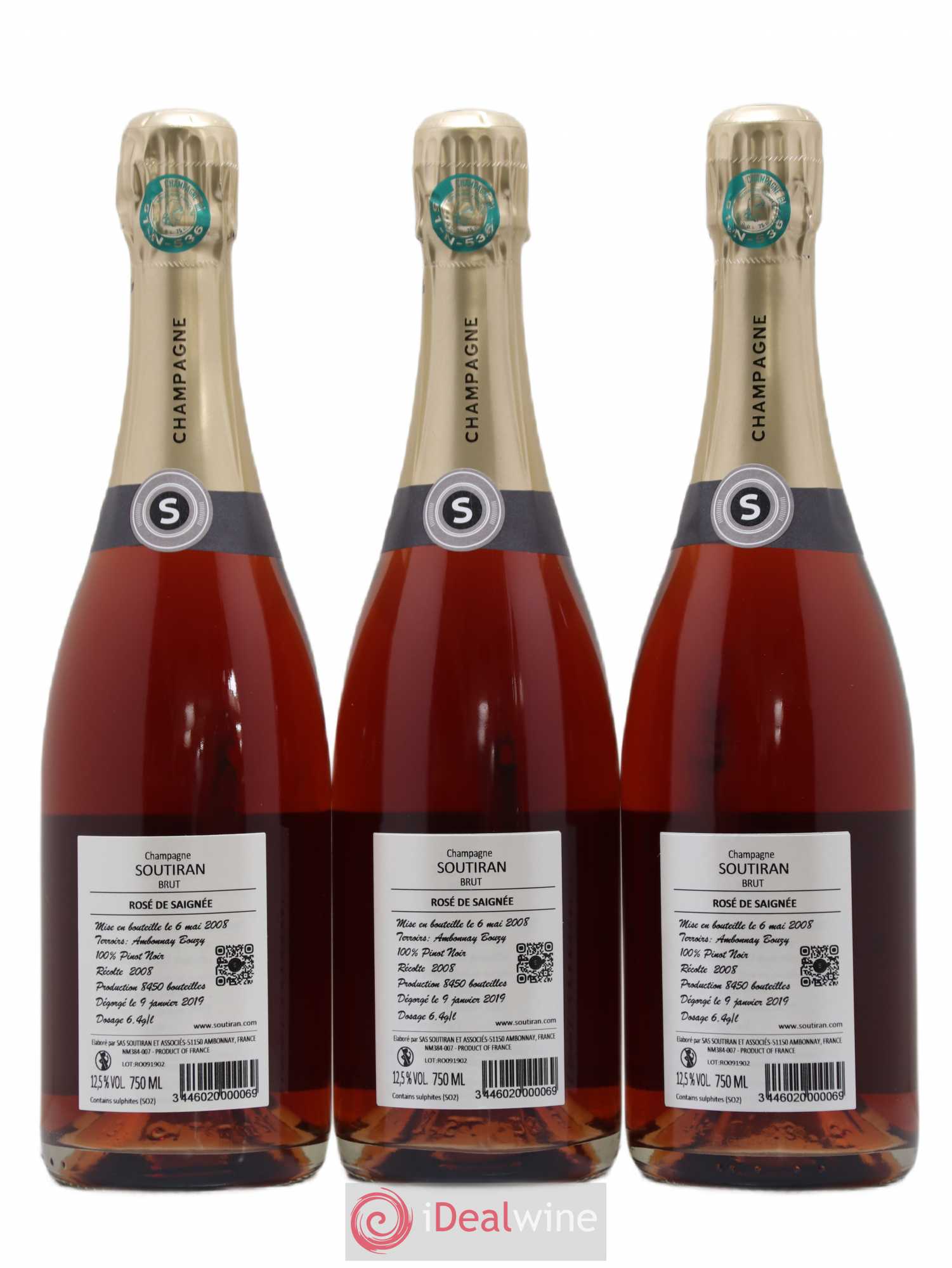 Champagne - Rosé de Saignée  Soutiran - Lot of 3 bottles - 1
