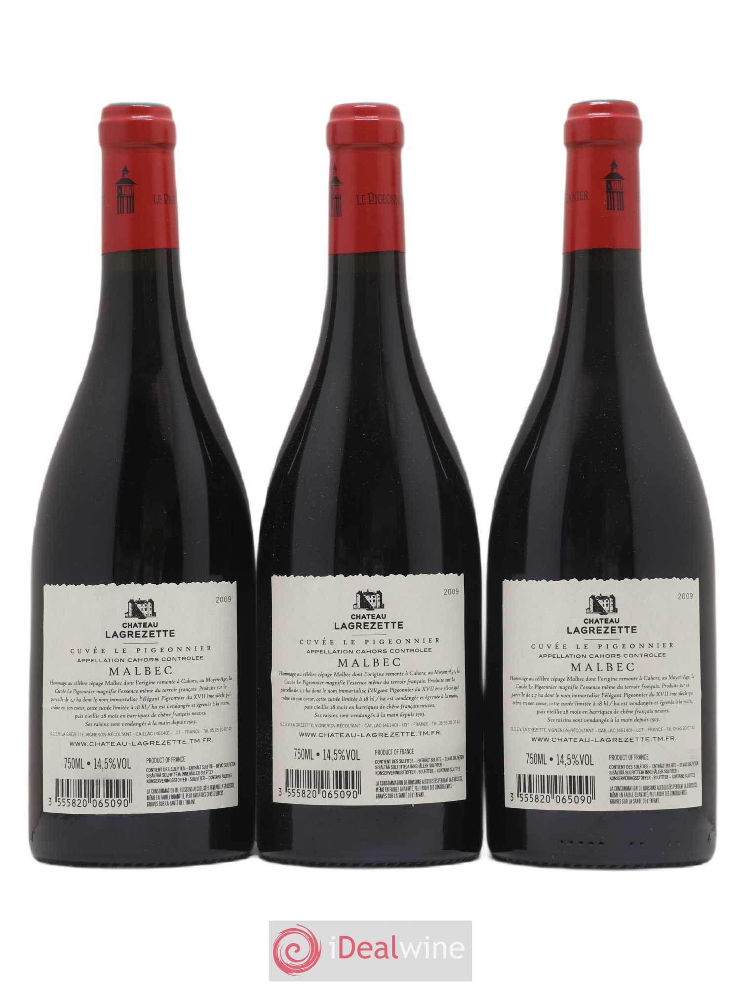 Cahors Château Lagrezette Le Pigeonnier Alain Dominique Perrin 2009 - Lot de 3 bouteilles - 1