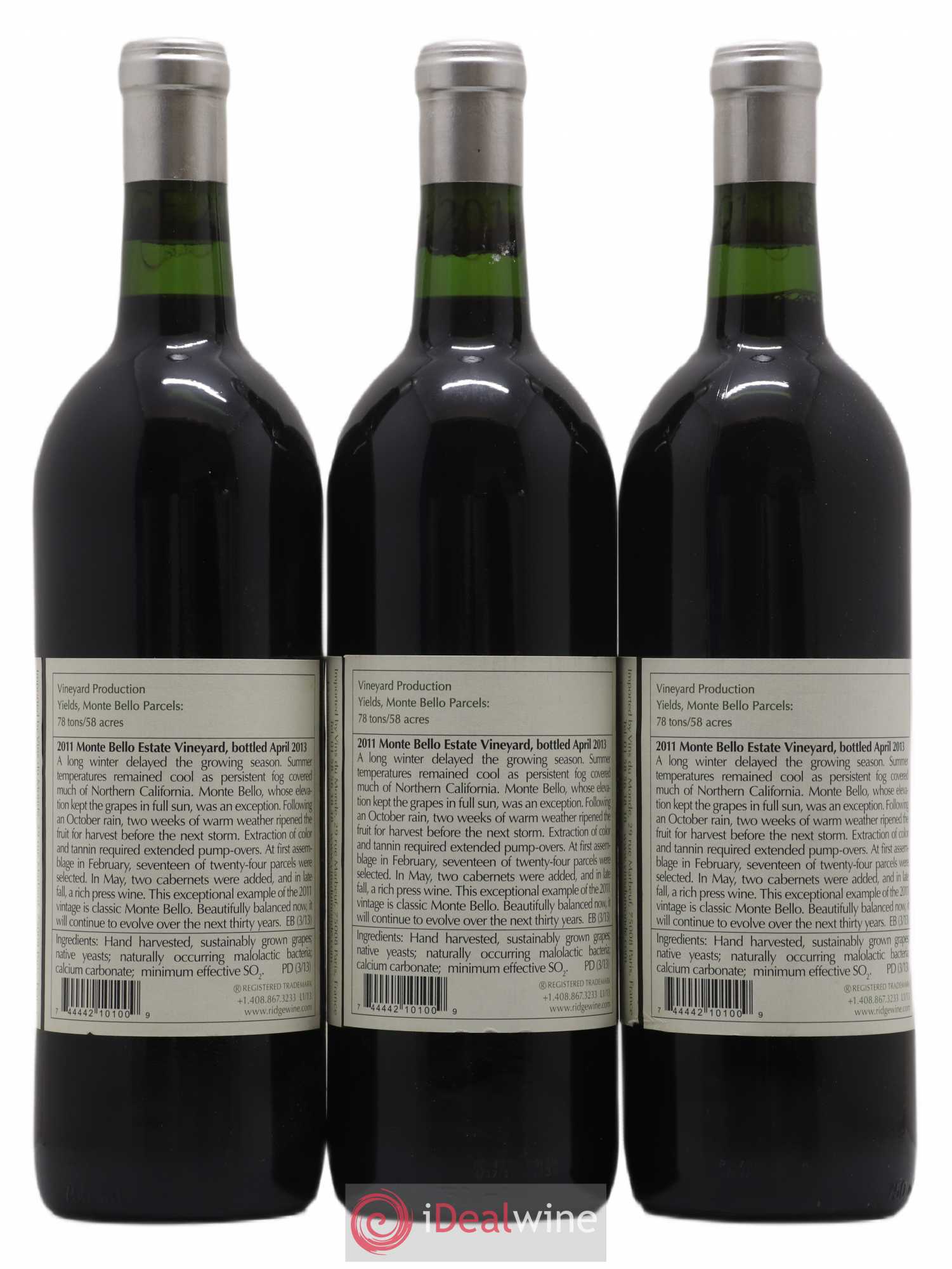 Santa Cruz Mountains Monte Bello Ridge Vineyards 2011 - Lot de 3 bouteilles - 1