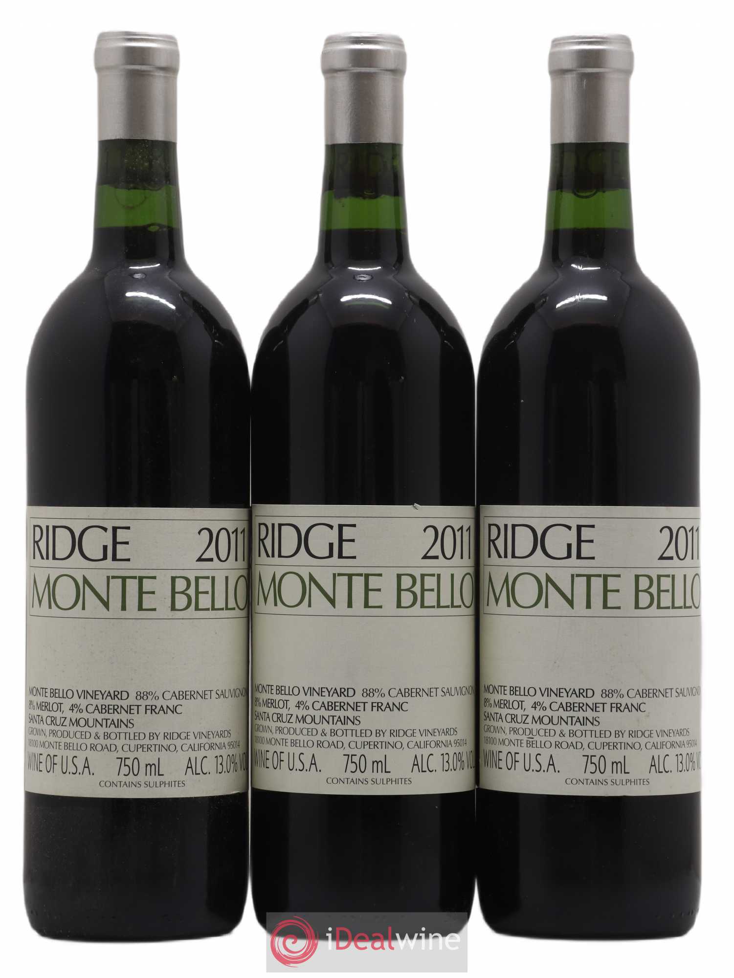 Santa Cruz Mountains Monte Bello Ridge Vineyards 2011 - Lot de 3 bouteilles - 0
