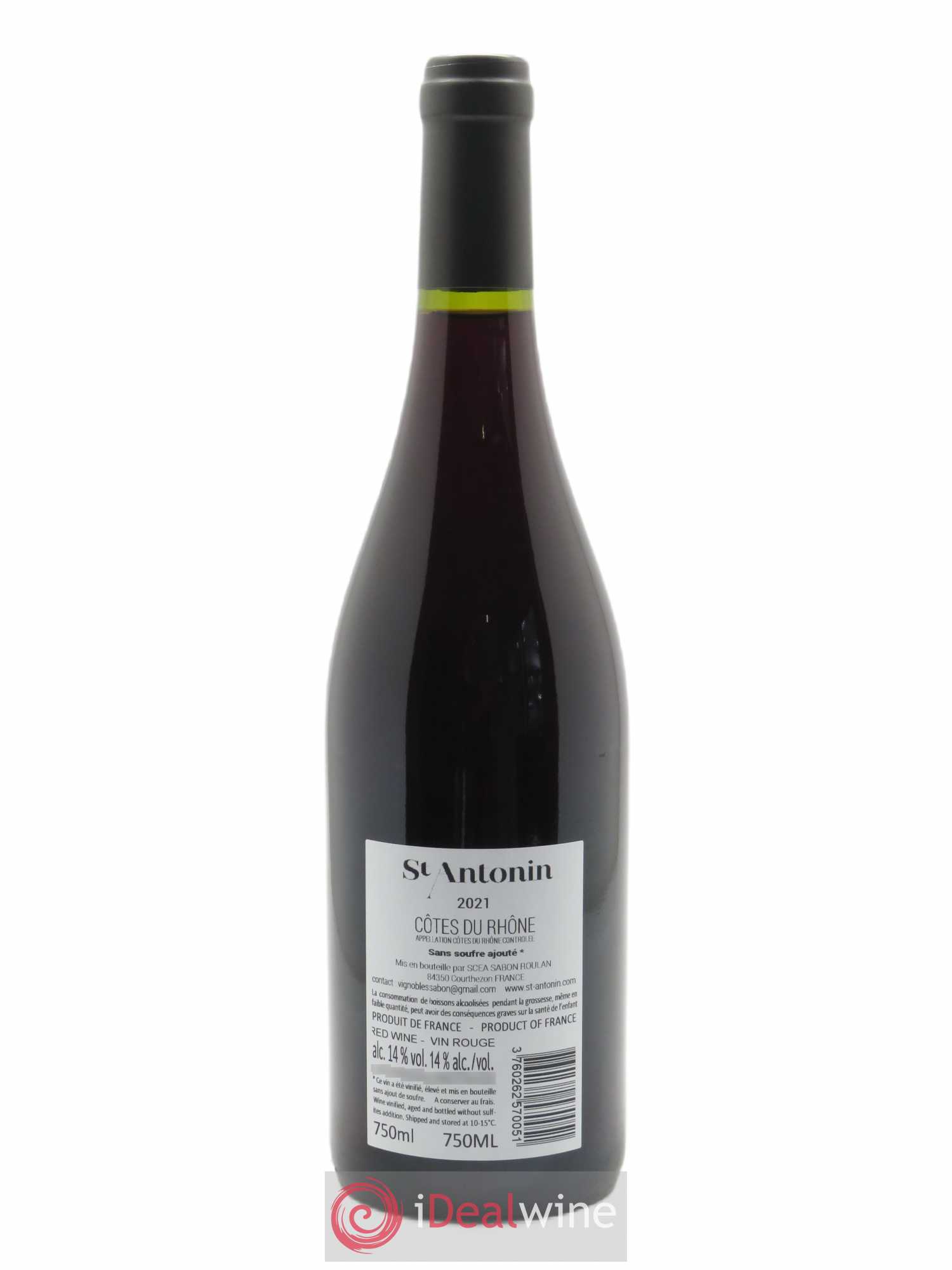Côtes-du-Rhône Sans sulfite ajoutés Clos Saint Antonin 2021 - Lot de 1 bouteille - 1