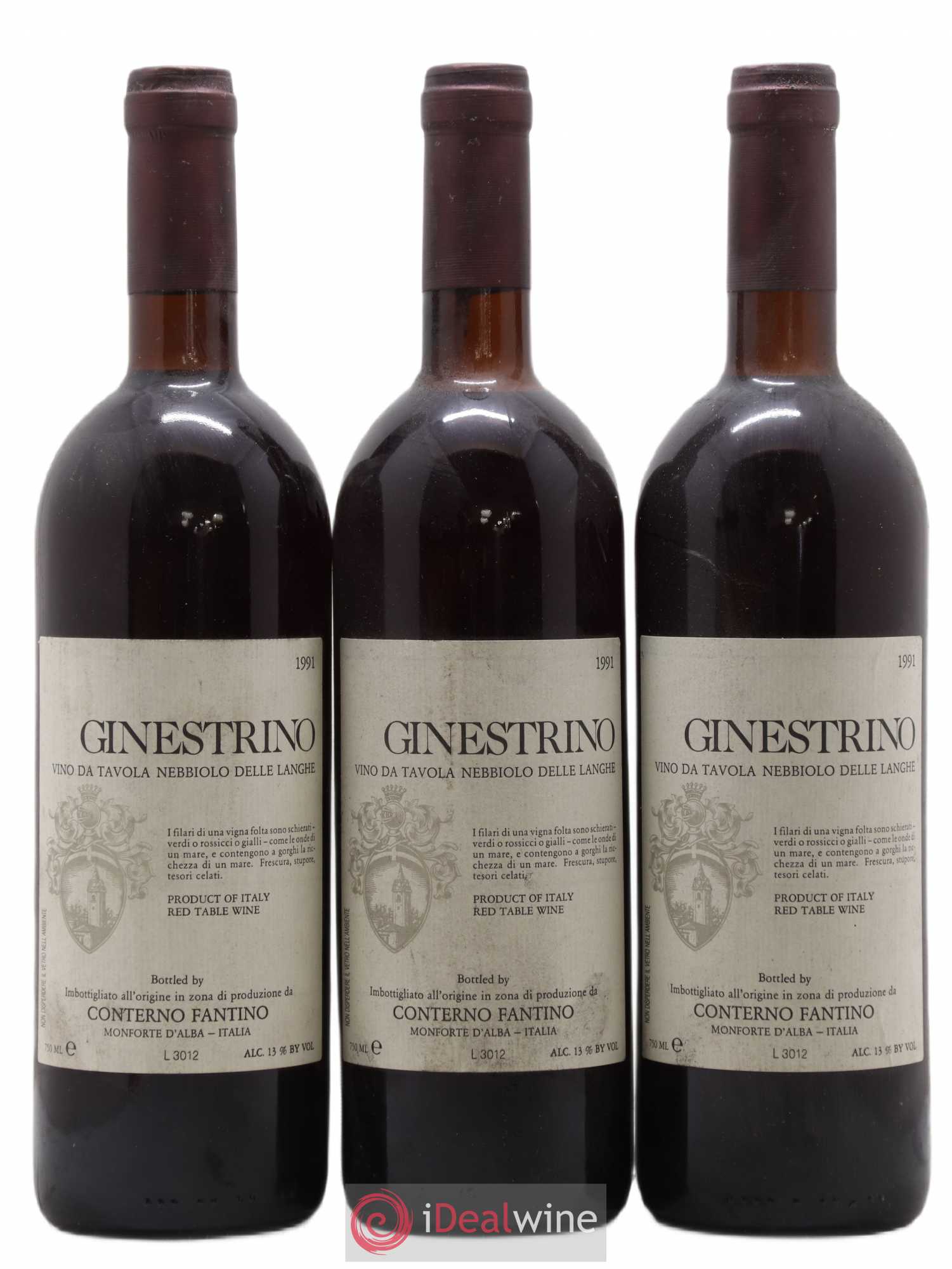 Italie Vino Da Tavola Nebbiolo Delle Langhe Ginestrino Fantino Conterno 1991 - Posten von 3 Flaschen - 0