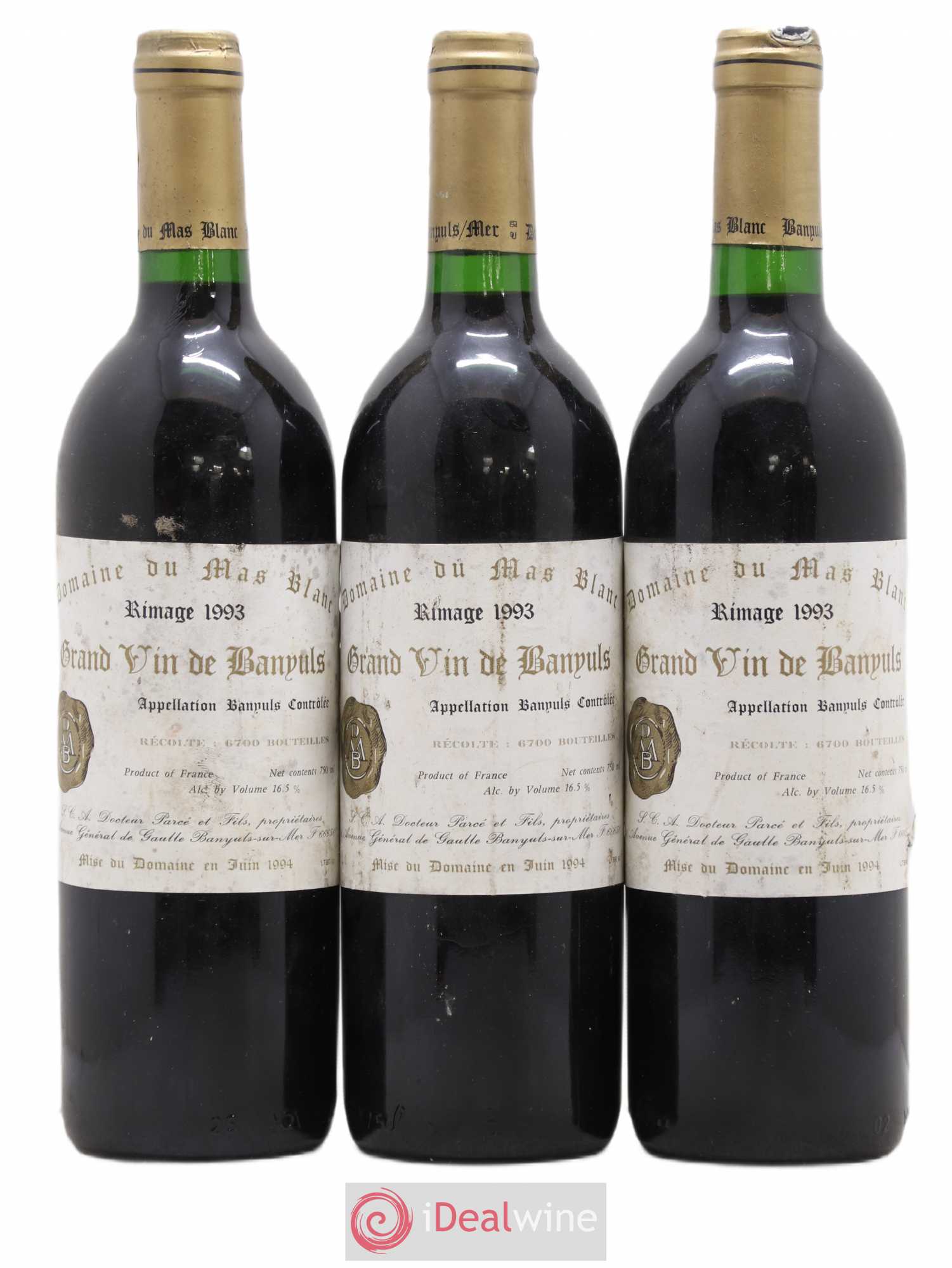 Banyuls Rimage Mas Blanc (Domaine du) - Parcé et Fils (senza prezzo di riserva) 1993 - Lotto di 3 bottiglie - 0