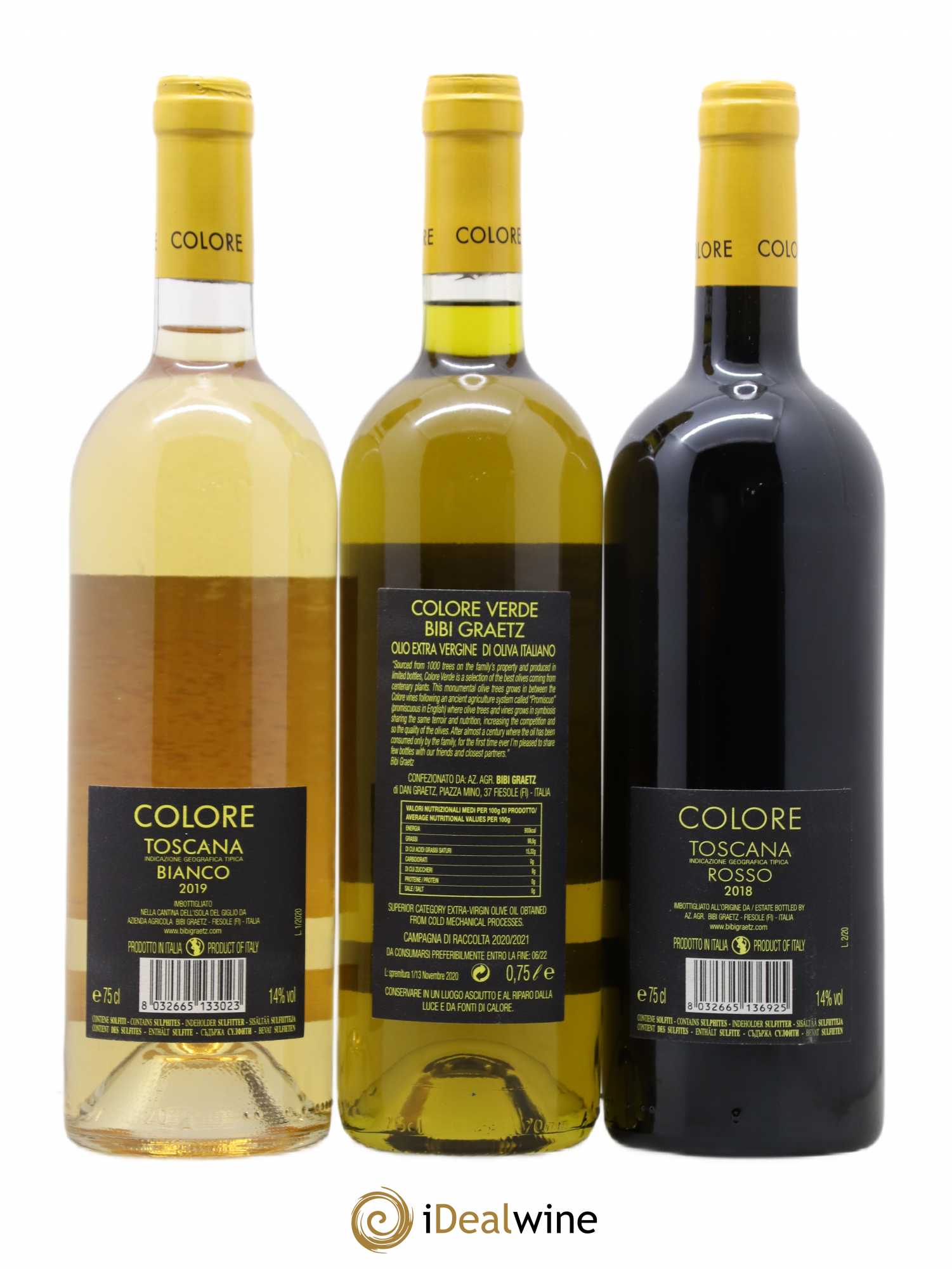 Assortiment Three Shades of Colore Bibi Graetz 1 Colore Rosso 2018 - 1 Colore Bianco 2019 - 1 Colore Verde (Huile d'Olive) 2020 - Lot de 3 bouteilles - 1