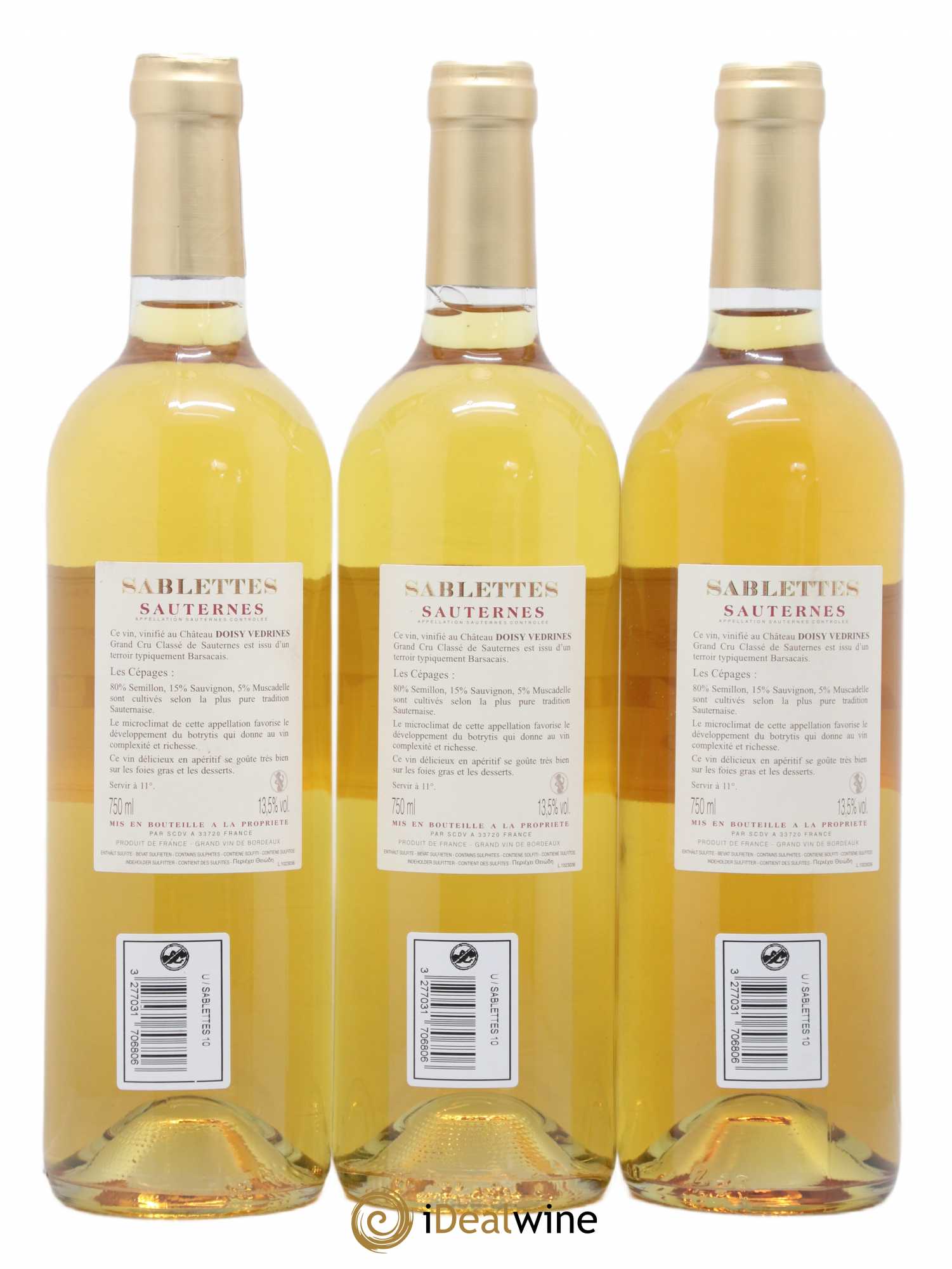 Sauternes sablettes château doisy vedrines 2010 - Lot of 3 bottles - 1