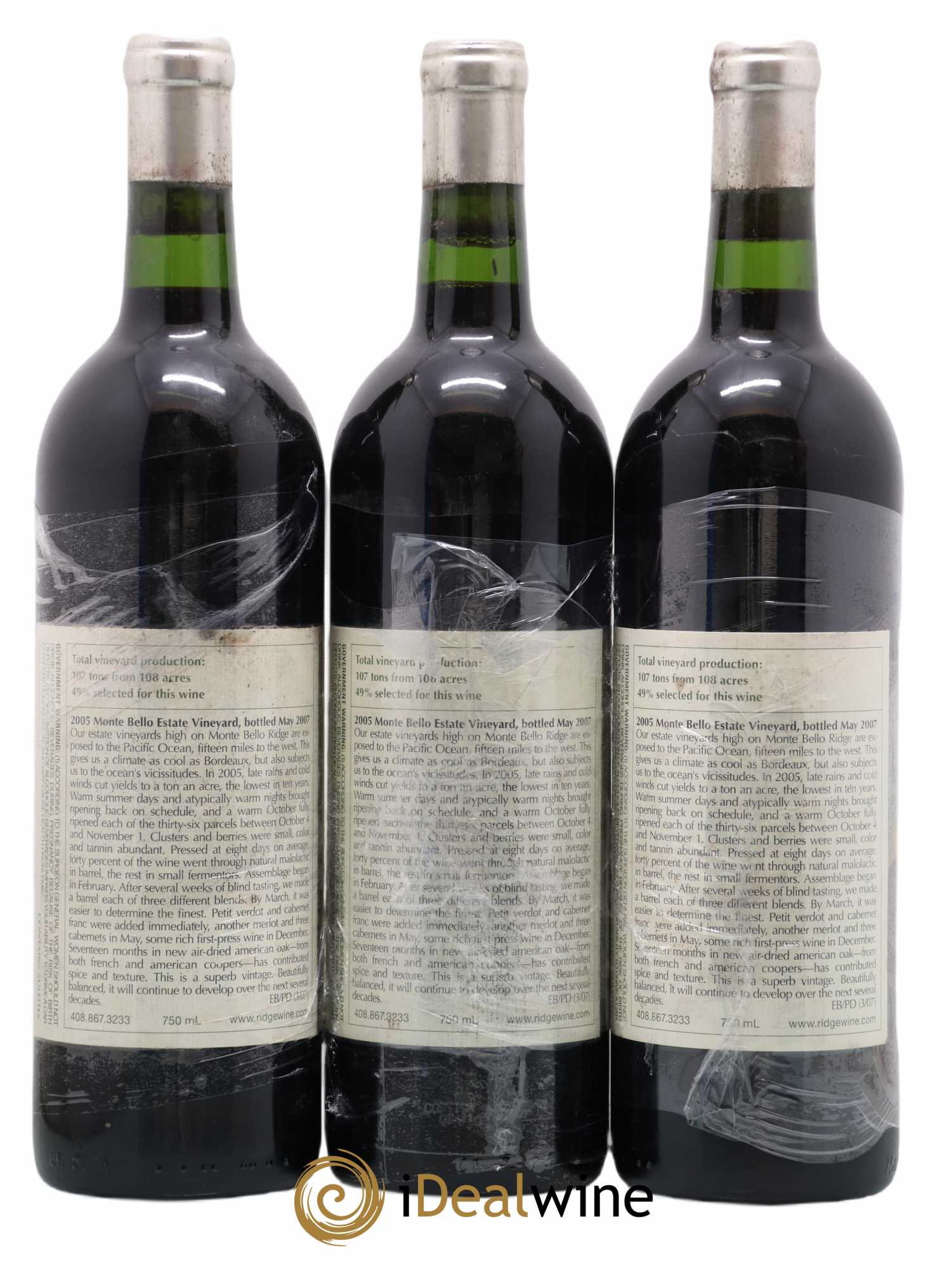 Santa Cruz Mountains Monte Bello Ridge Vineyards 2005 - Lot de 3 bouteilles - 1
