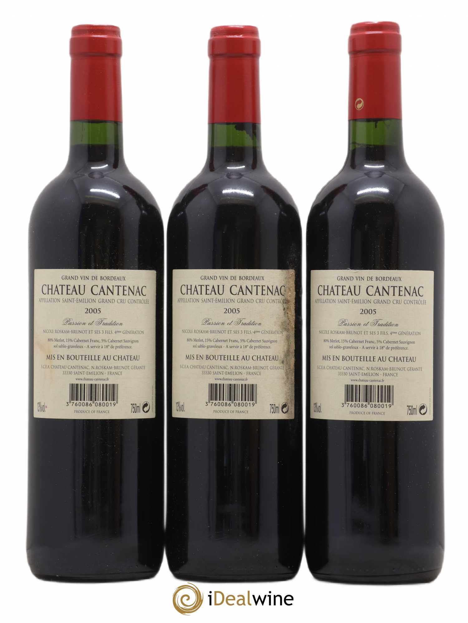 Saint-Émilion Grand Cru Château Cantenac 2005 - Lot de 3 bouteilles - 1
