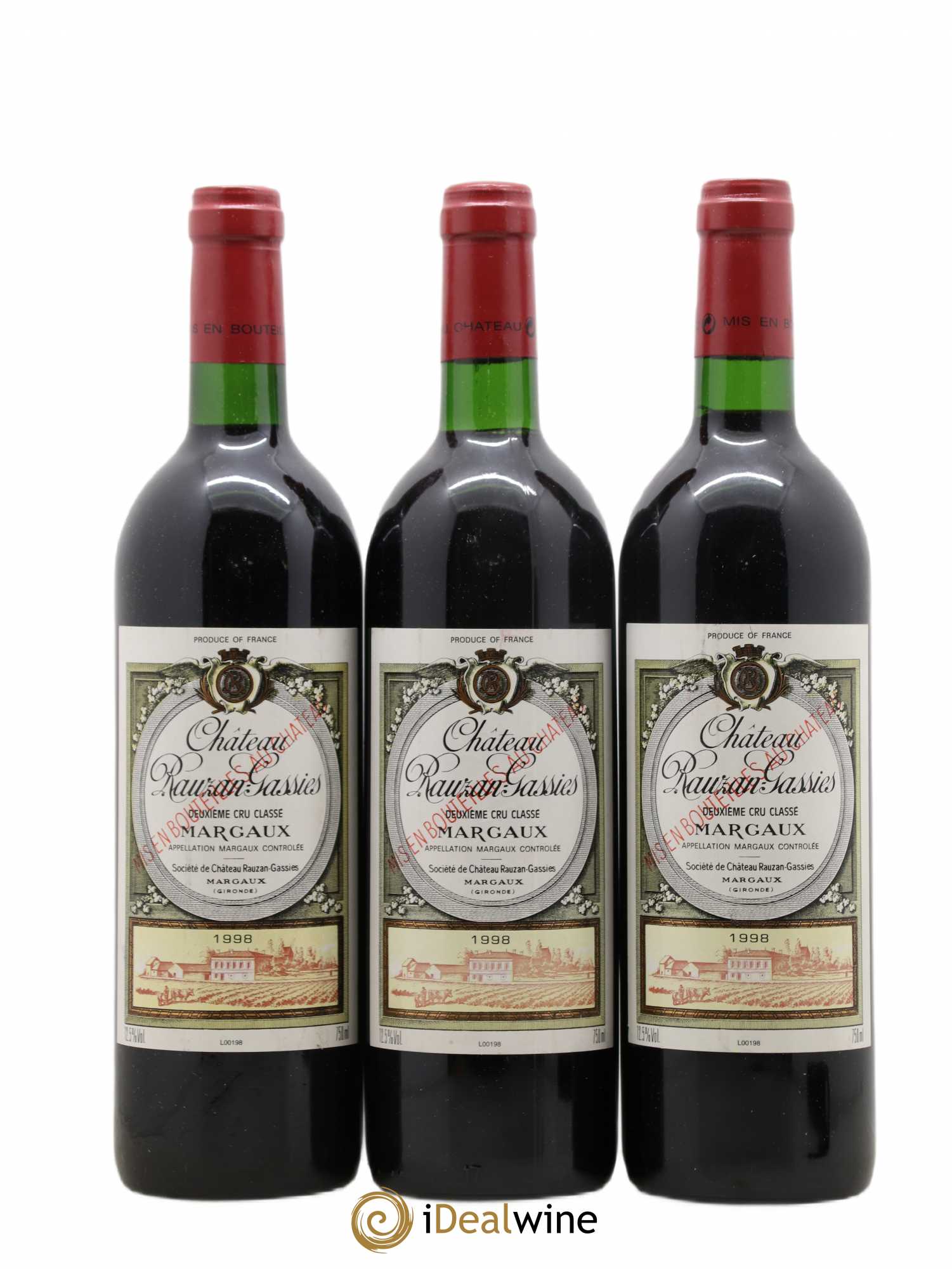 Château Rauzan-Gassies 2ème Grand Cru Classé 1998 - Lot de 3 bouteilles - 0