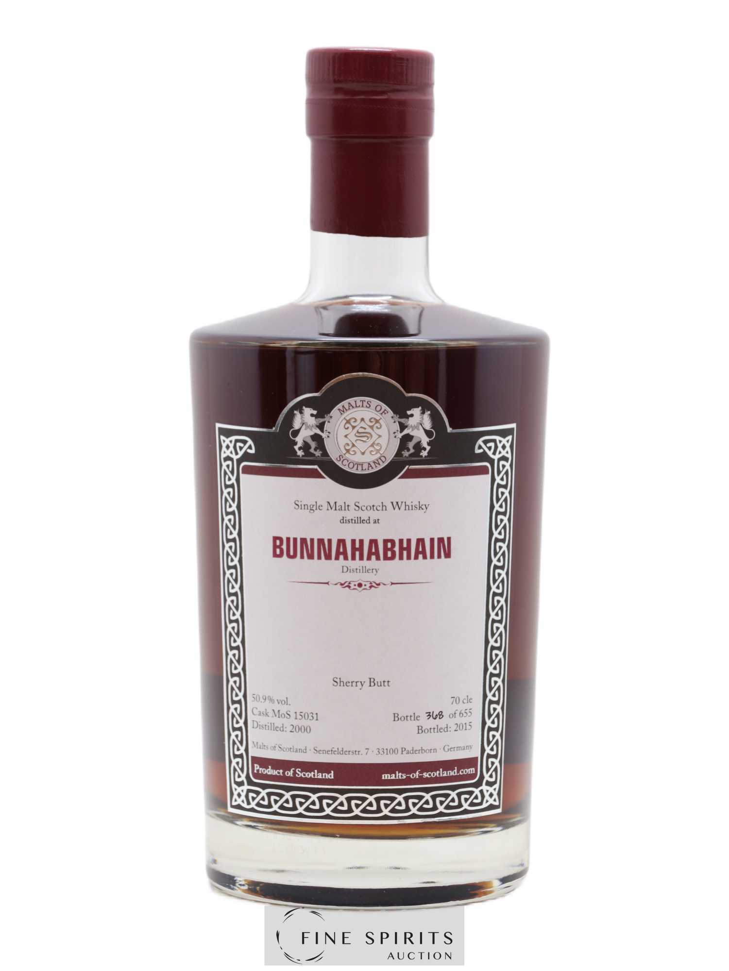 Bunnahabhain Malts of Scotland Sherry Butt Cask n°MoS15031 - One of 655 - bottled 2015 - Lot of 1 bottle - 1