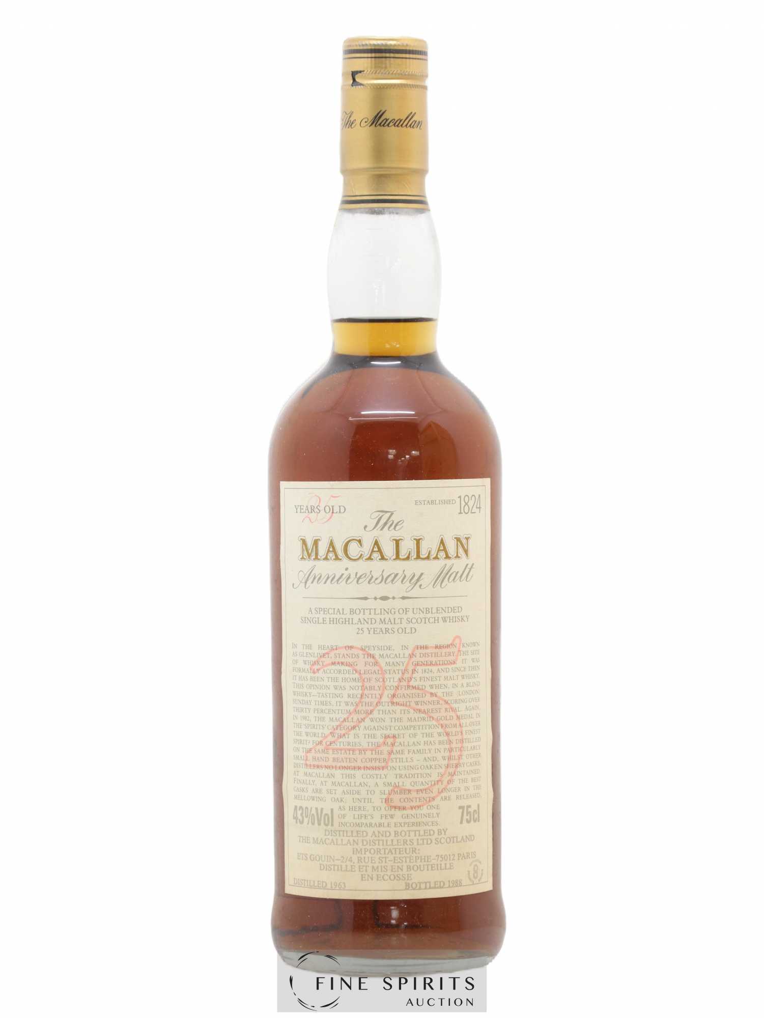 Macallan (The) 25 years 1963 Of. Anniversary Malt bottled 1988 Special Bottling - Lot de 1 bouteille - 1