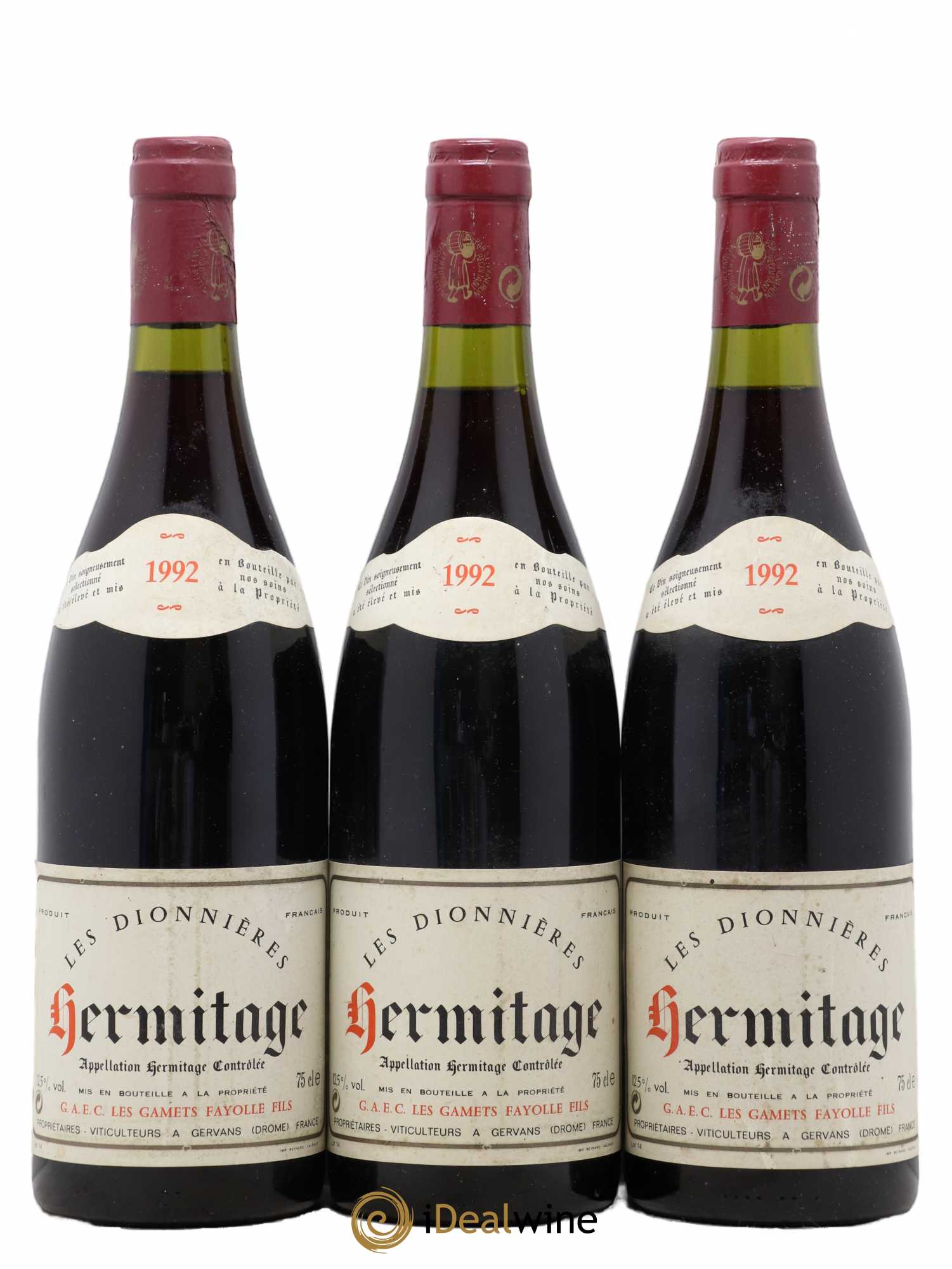 Hermitage Les Gamets Les Dionnieres Fayolle Fils 1992 - Posten von 3 Flaschen - 0