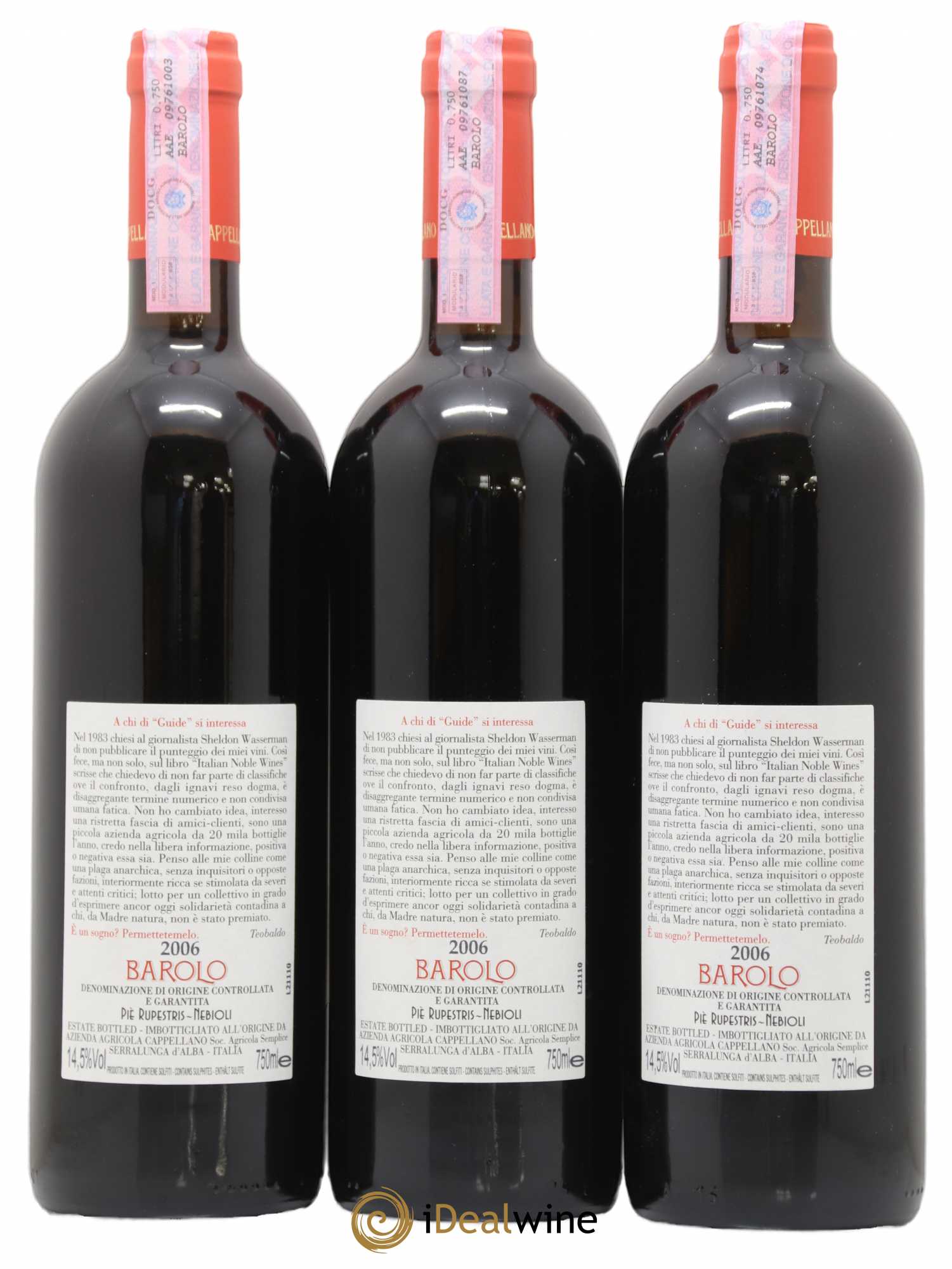Barolo DOCG Pie Rupestris Cappellano 2006 - Lot de 3 bouteilles - 1