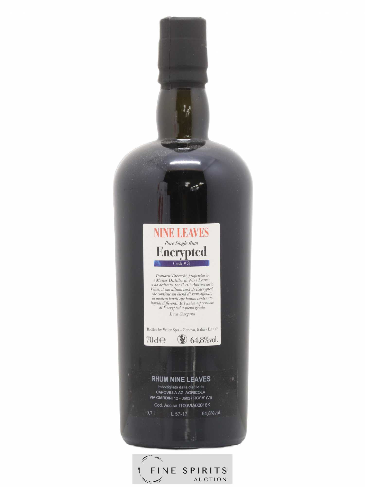 Nine Leaves 3 years 2014 Of. Encrypted Single Cask n°3 - bottled 2017 Velier 70th Anniversary - Lot de 1 bouteille - 2