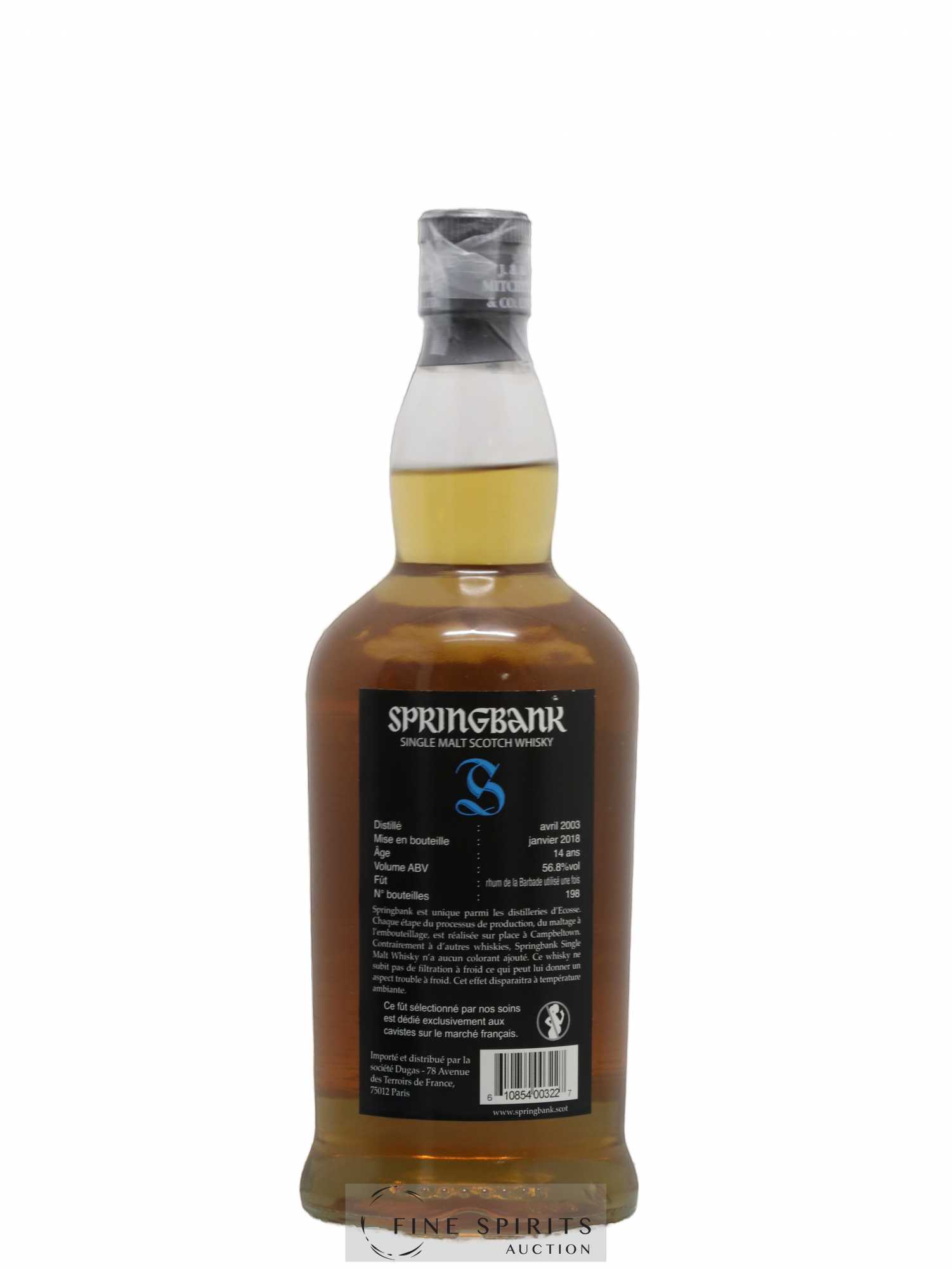 Springbank 14 years 2003 Of. Barbade Rhum Cask - One of 198 - bottled 2018 Dugas - Lot de 1 bouteille - 2