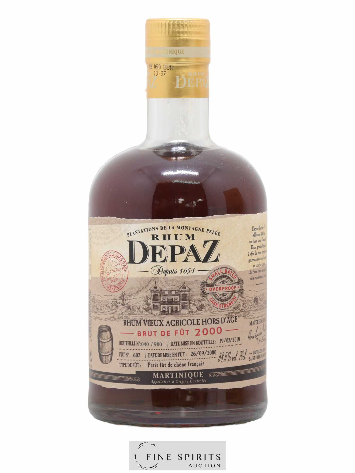 Depaz 2000 Of. Small Batch Fût n° 602 - One of 980 - bottled 2018 - Lot de 1 bouteille - 1
