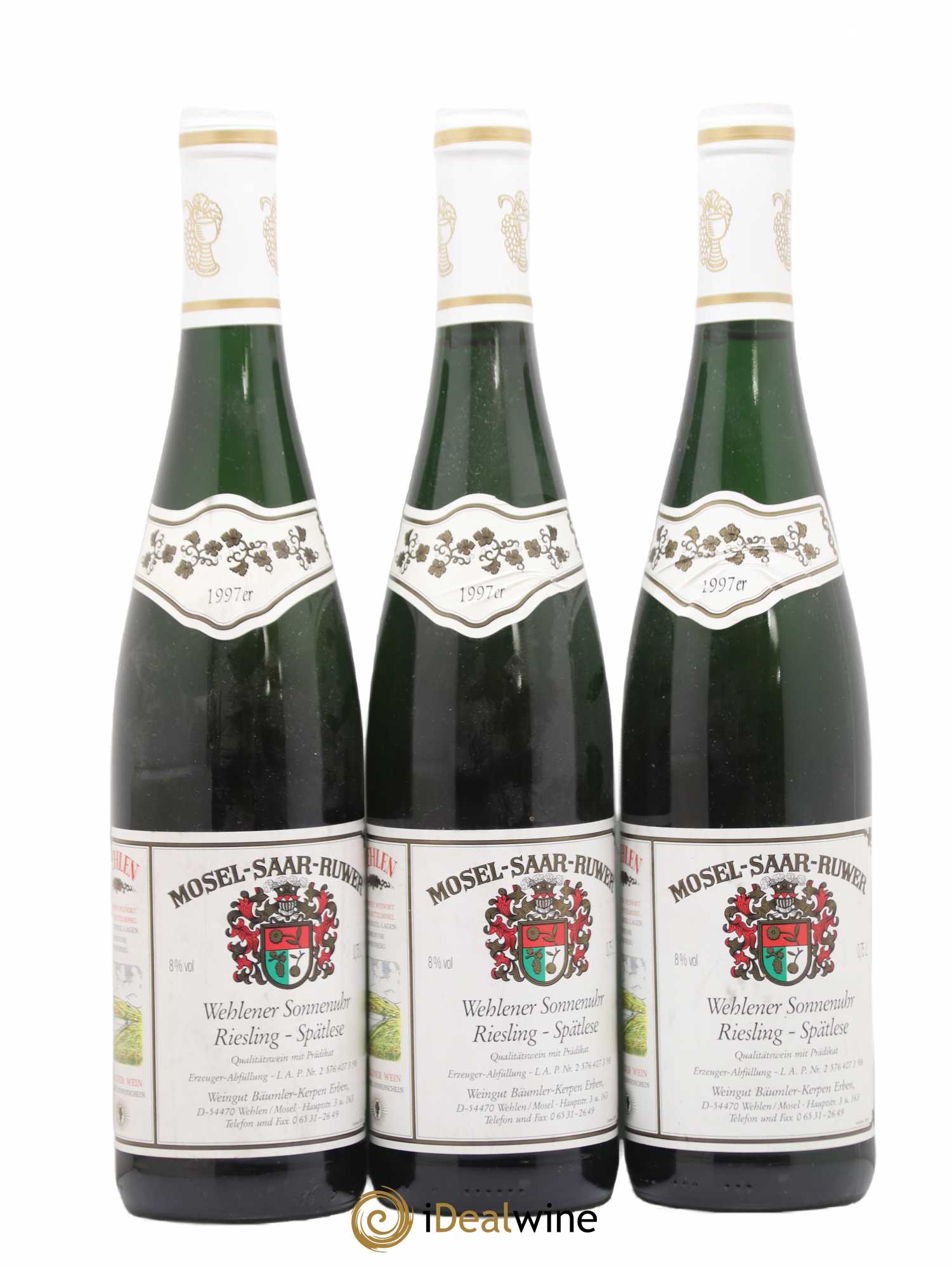 Allemagne Mosel-Saar Wehlener Sonnenuhr Spätlese Qualitätswein Mit Prädikat. L A.P. Weingut Bäumler Kerpen Erben. 1997 - Posten von 3 Flaschen - 0