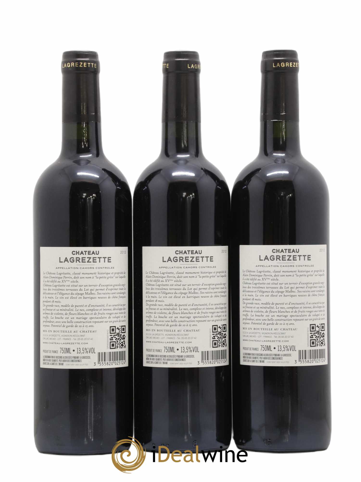 Cahors Château Lagrezette Alain Dominique Perrin 2012 - Lot de 3 bouteilles - 1