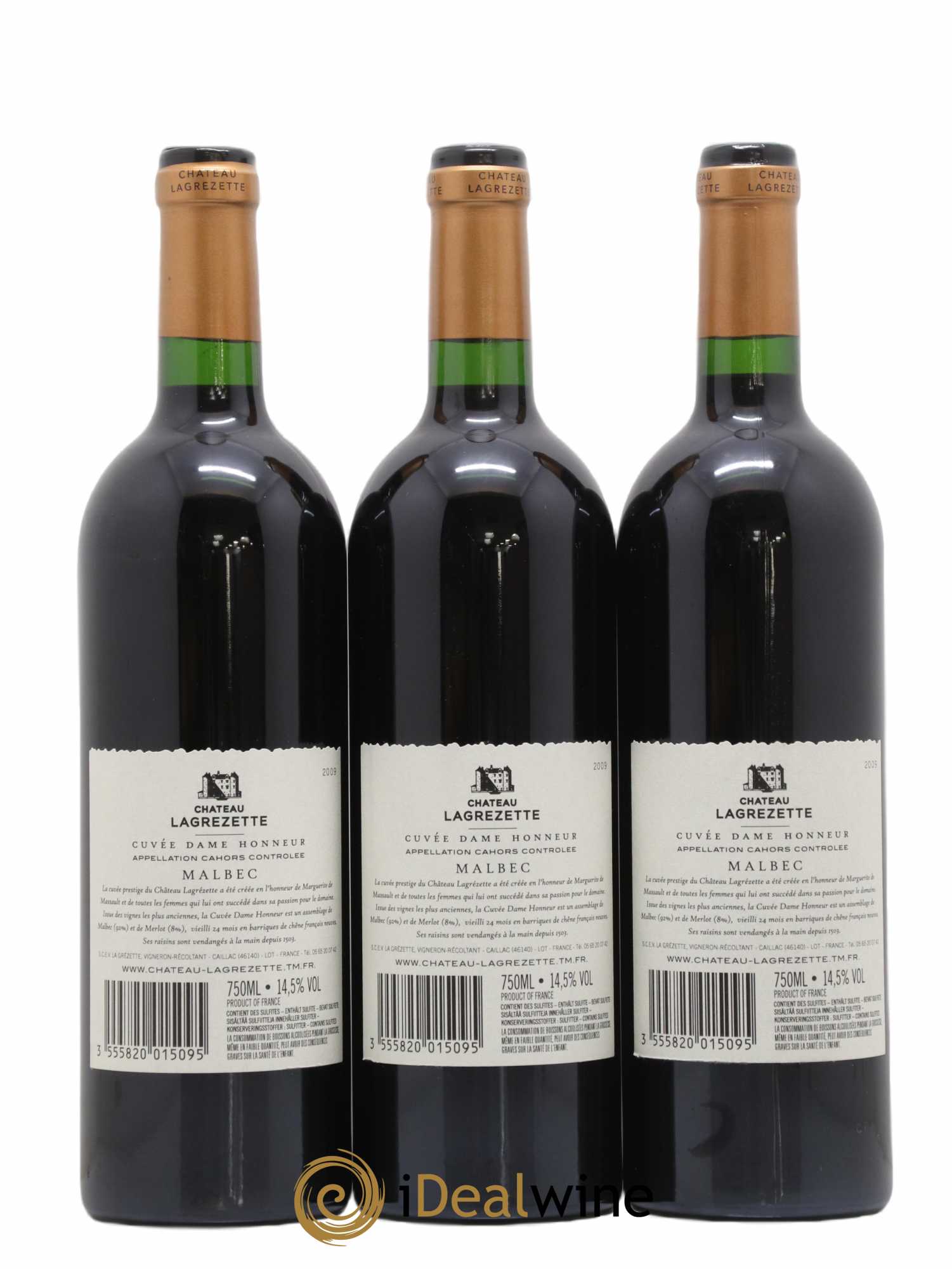 Cahors Château Lagrezette Cuvée Dame Honneur Alain Dominique Perrin 2009 - Lot de 3 bouteilles - 1