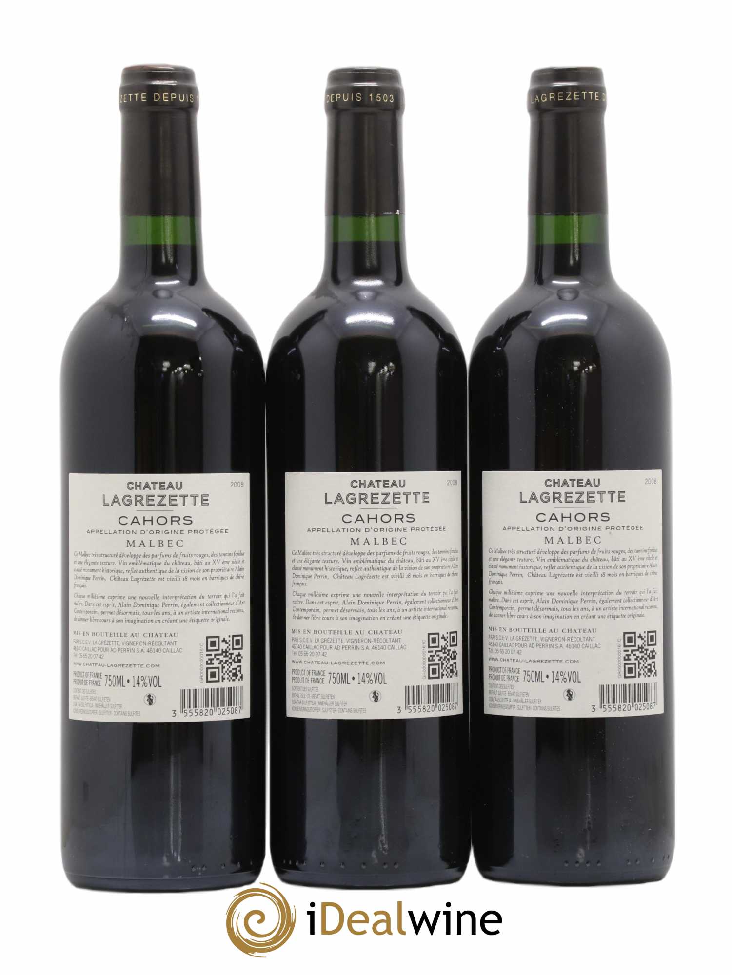 Cahors Château Lagrezette Alain Dominique Perrin 2008 - Lot de 3 bouteilles - 1