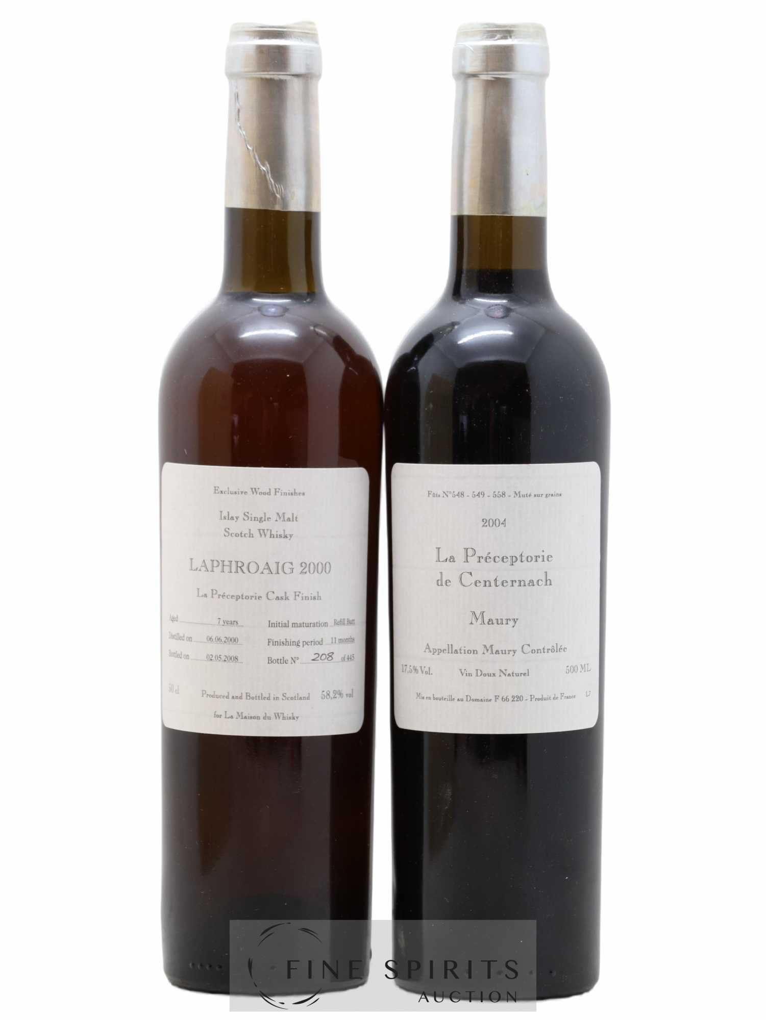 Laphroaig 7 years 2000 Signatory Vintage Coffret La préceptorie with 1 Maury One of 445 - bottled 2008 LMDW - Lot de 2 bouteilles - 1