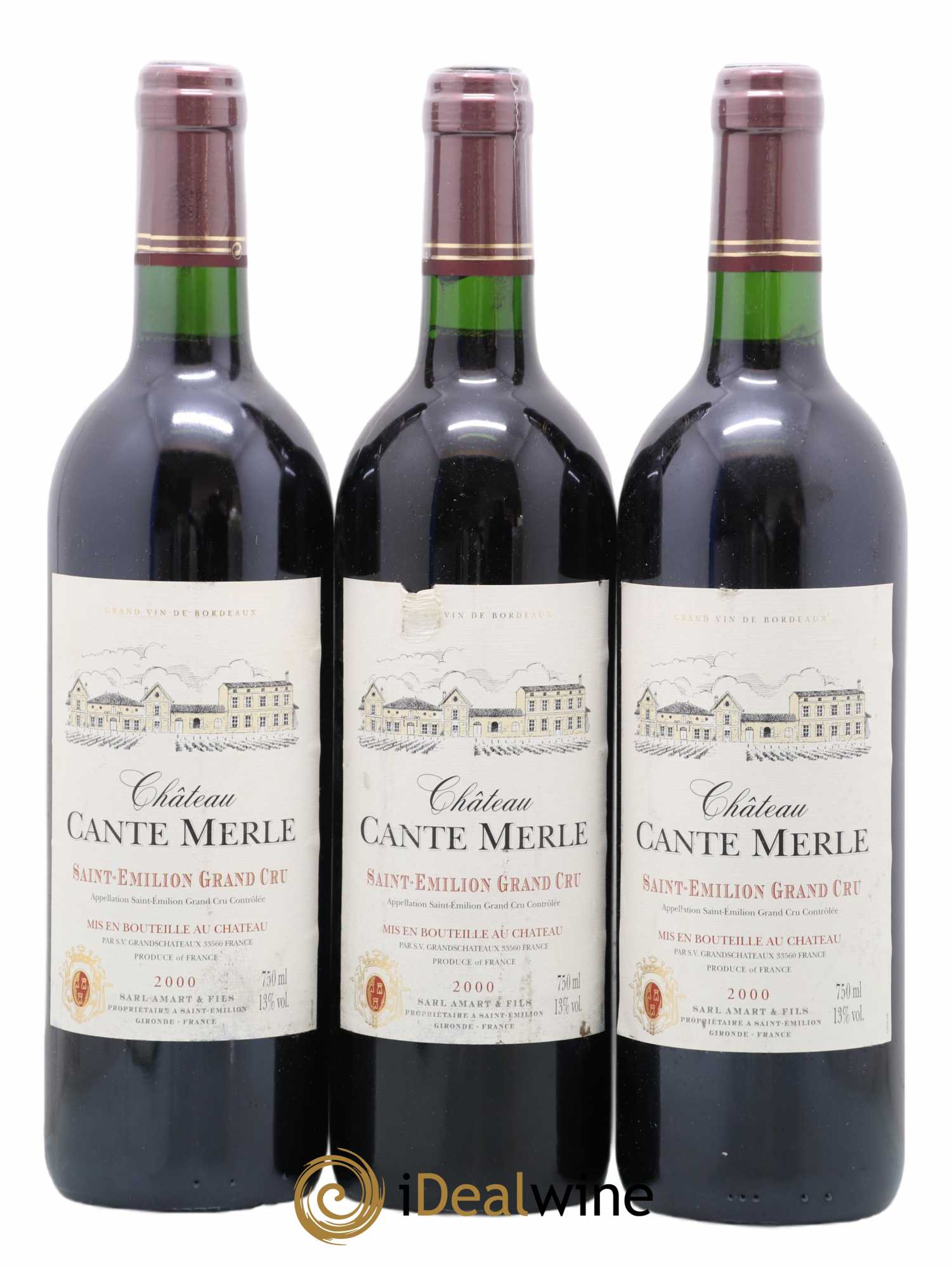 Saint-Émilion Grand Cru Château Cante Merle 2000 - Lot de 3 bouteilles - 0