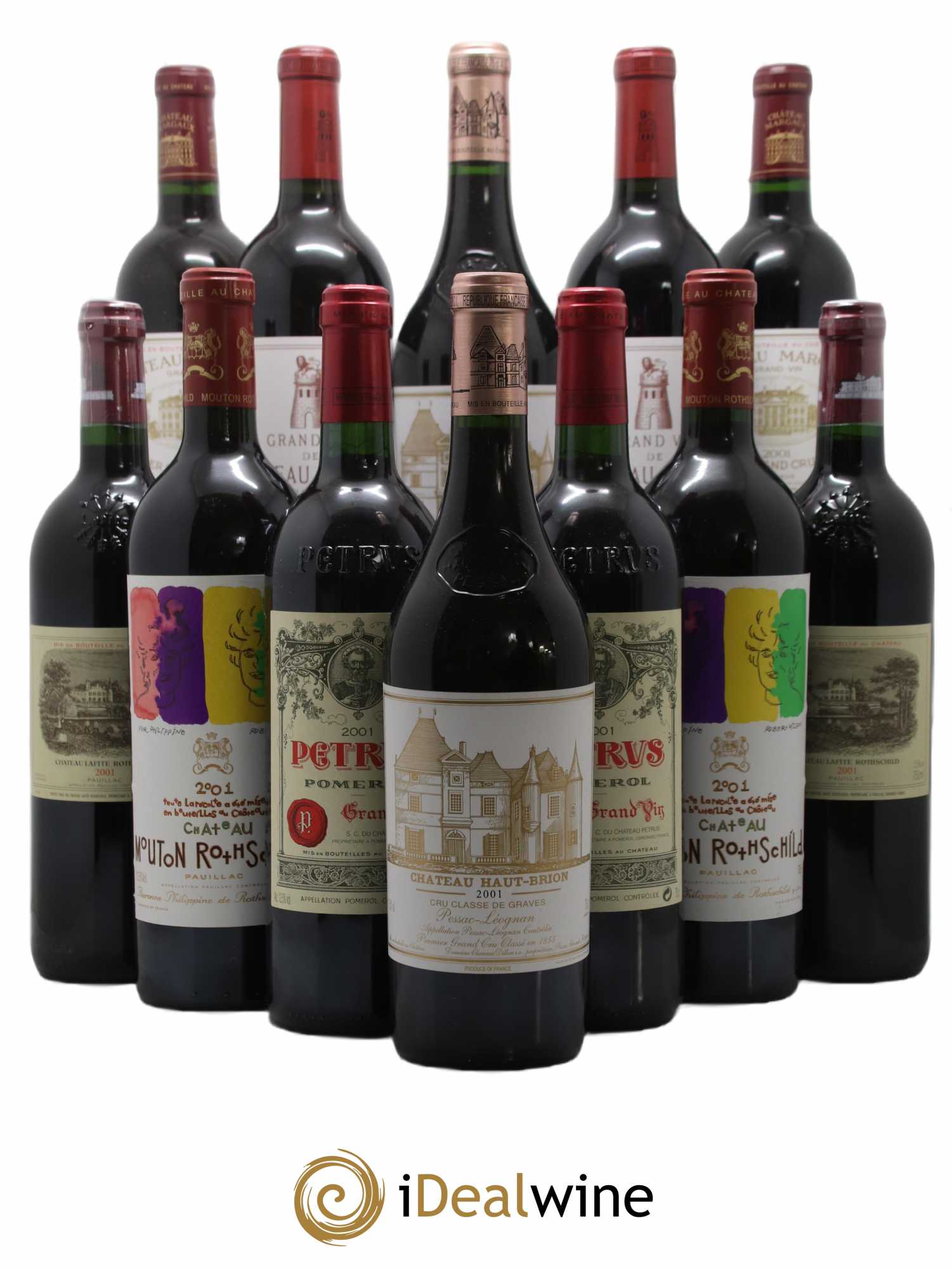 Caisse Primeurs 2 Lafite - 2 Mouton - 2 Latour - 2 Margaux - 2 Haut Brion - 2 Petrus 2001 - Posten von 12 Flaschen - 0