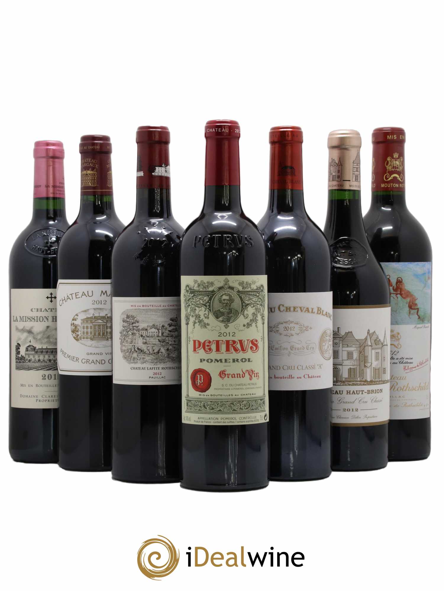 Caisse Duclot Petrus - Cheval Blanc - Lafite Rothschild - Chateau Margaux - Mouton Rothschild - Haut Brion - La Mission Haut Brion 2012 - Lot de 7 bouteilles - 0