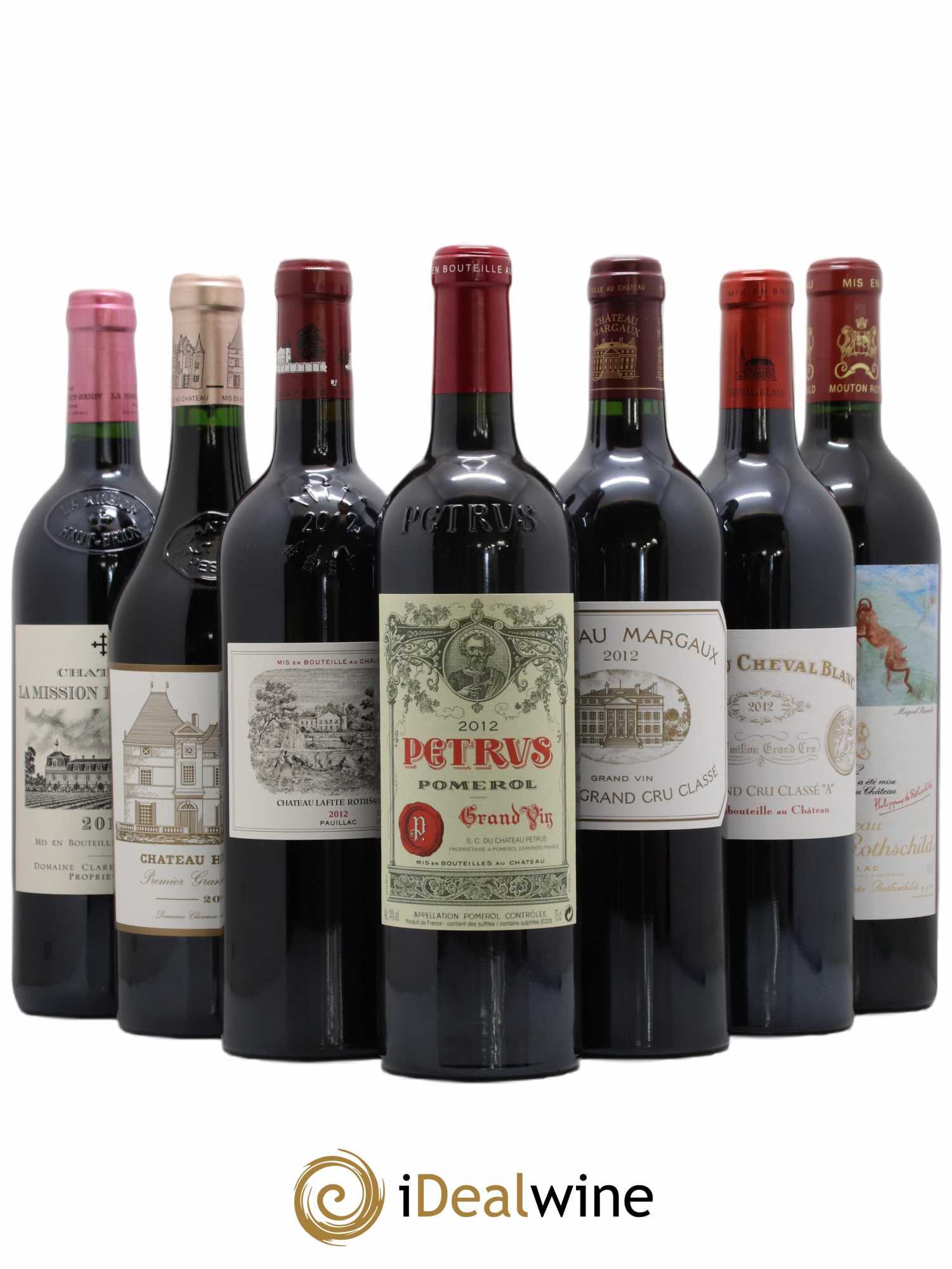 Caisse Duclot Petrus - Cheval Blanc - Lafite Rothschild - Chateau Margaux - Mouton Rothschild - Haut Brion - La Mission Haut Brion 2012 - Lot de 7 bouteilles - 0