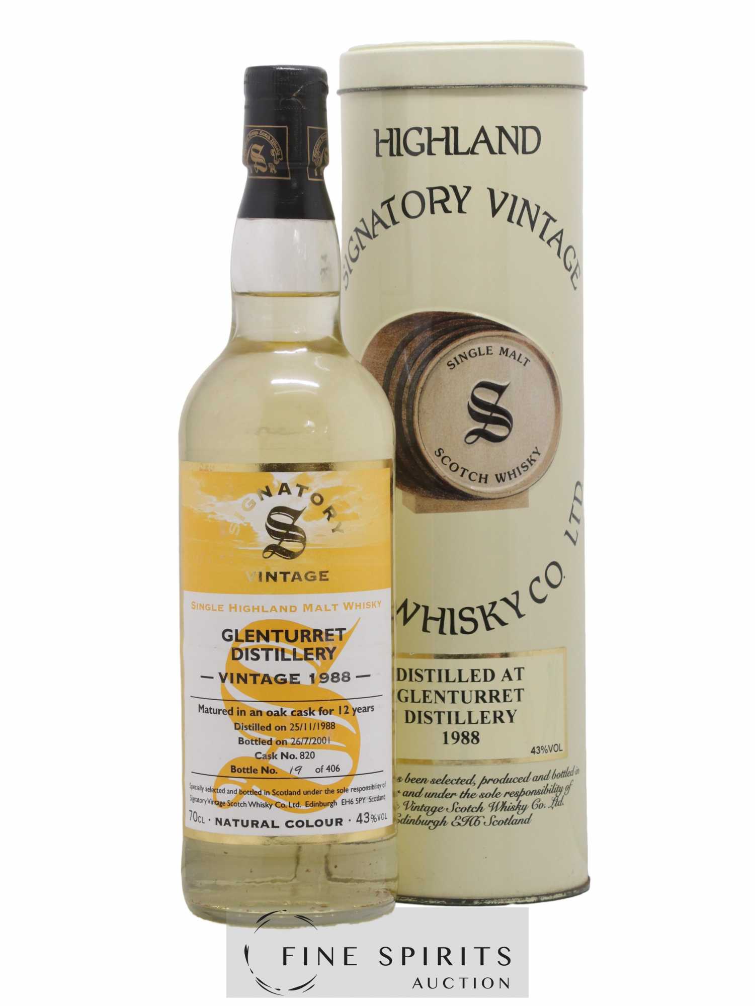Glenturret 12 years 1988 Signatory Vintage Cask n°820 - One of 406 - bottled 2001 - Lot of 1 bottle - 0