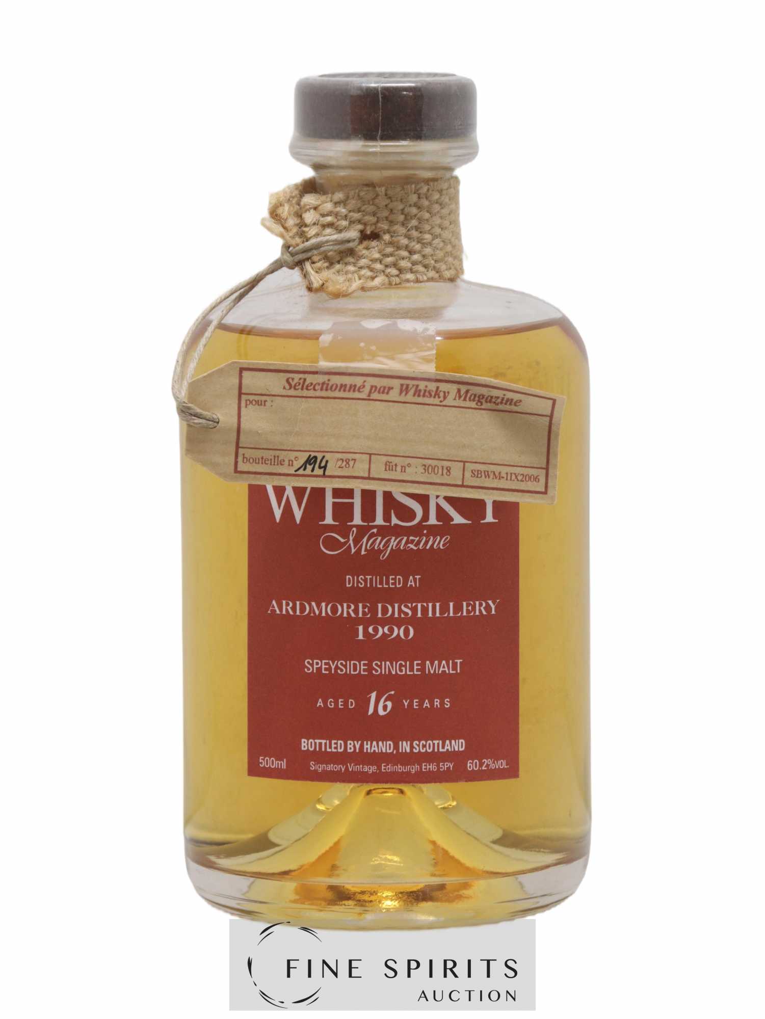 Ardmore 16 years 1990 Signatory Vintage Fût n°30018 - One of 287 Whisky Magazine - Lot de 1 bouteille - 1