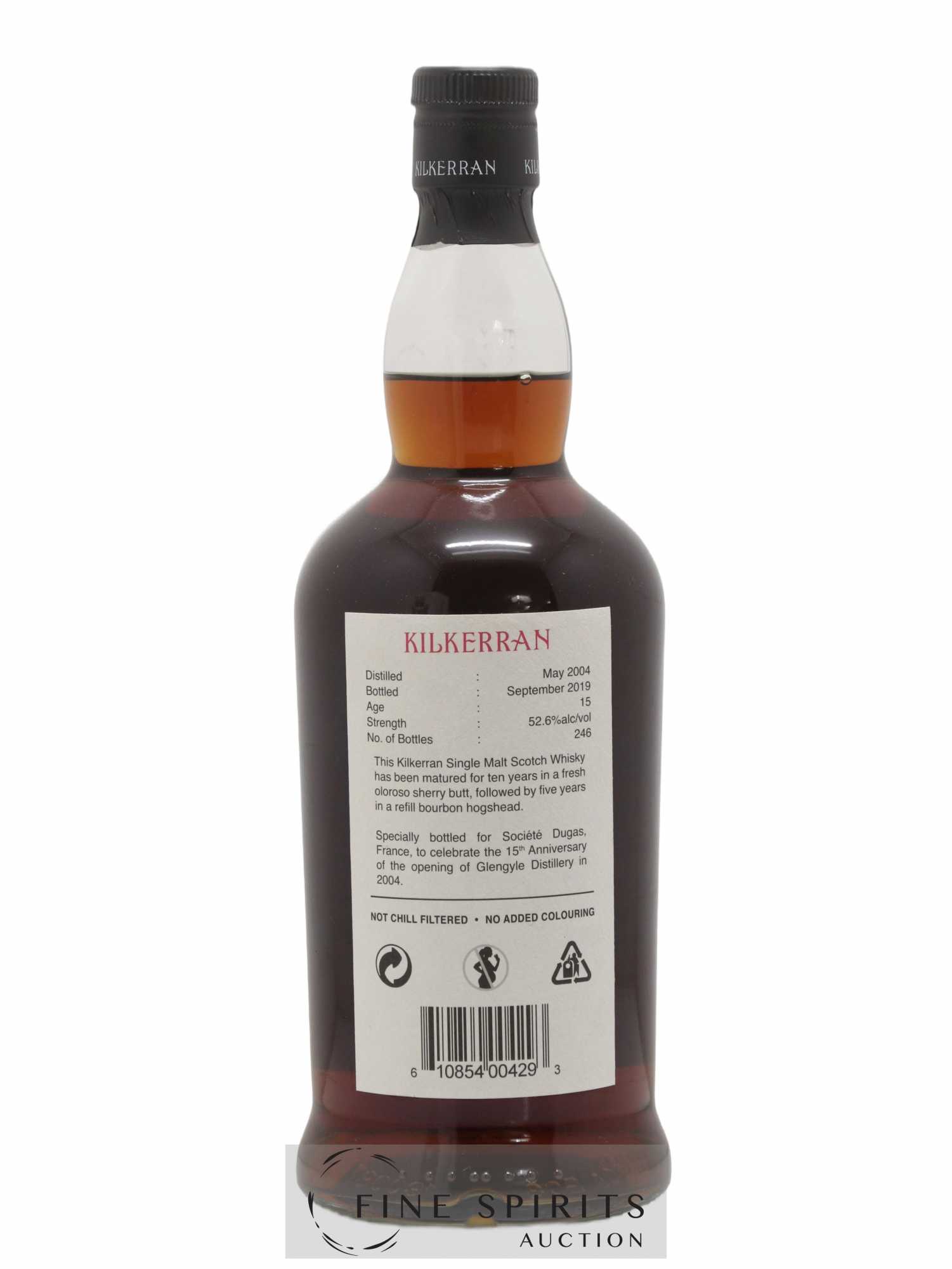 Kilkerran 15 years 2004 Of. Single Cask Oloroso Wood - One of 246 - bottled 2019 Dugas - Lot de 1 bouteille - 2