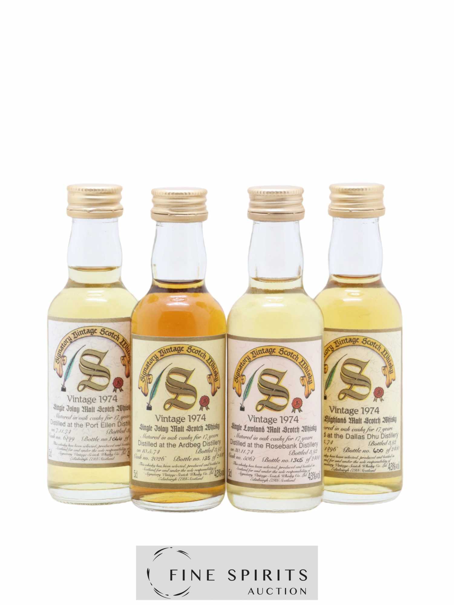 Signatory Vintage Sample Box 17 years 1974 Of. Port Ellen - Ardbeg - Rosebank - Dallas Dhu - Lot de 4 bouteilles - 1