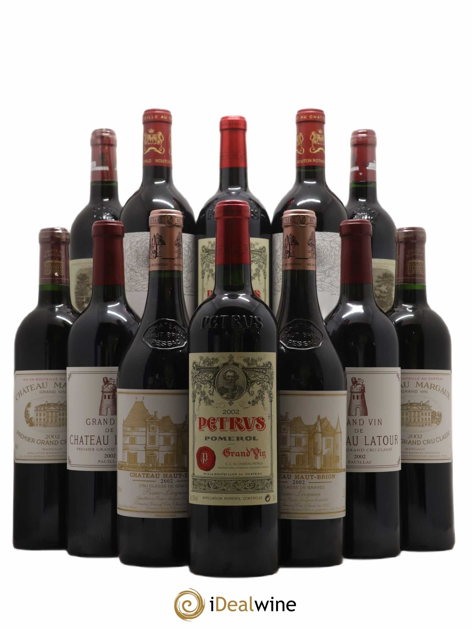 Caisse Primeurs 2 Petrus, 2 Lafite Rothschild, 2 Mouton Rothschild, 2 Château Latour, 2 Margaux, 2 Château Haut Brion 2002 - Posten von 12 Flaschen - 0
