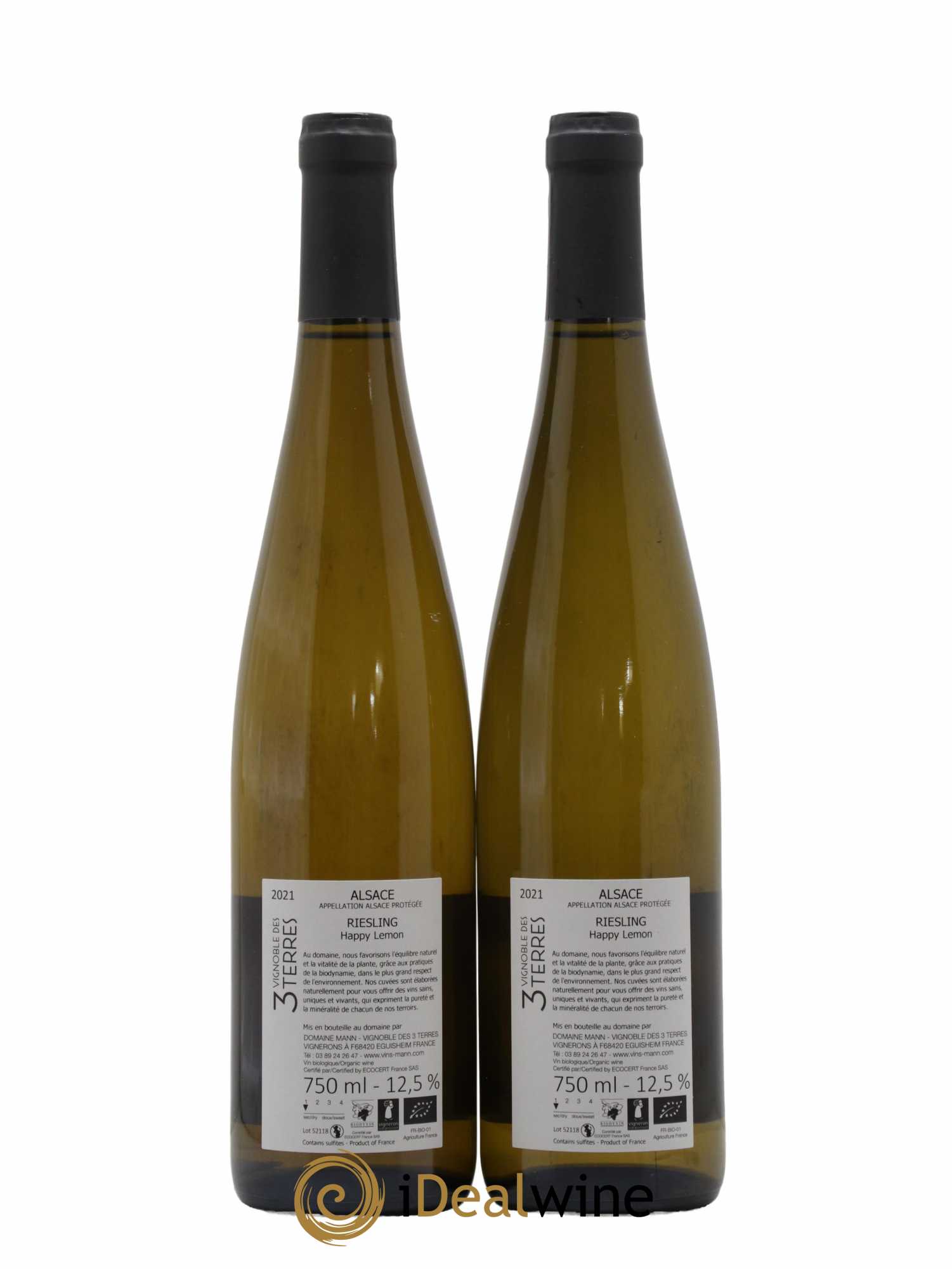 Alsace Riesling Happy Lemon Vignoble Des 3 Terres Domaine Mann 2021 - Lot de 2 bouteilles - 1
