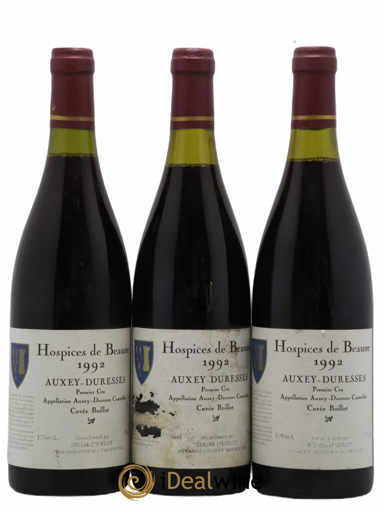 Auxey-Duresses 1er Cru Hospices De Beaune Cuvee Boillot Edgar D'Esplot 1992 - Lot de 3 bouteilles - 0