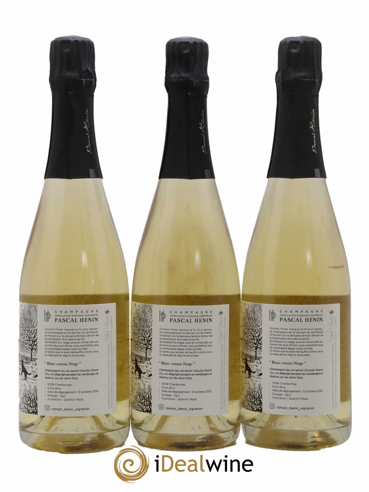 Champagne Blanc Comme Neige Romain Henin Quentin Maza (sans prix de réserve) - Lot de 3 bouteilles - 1