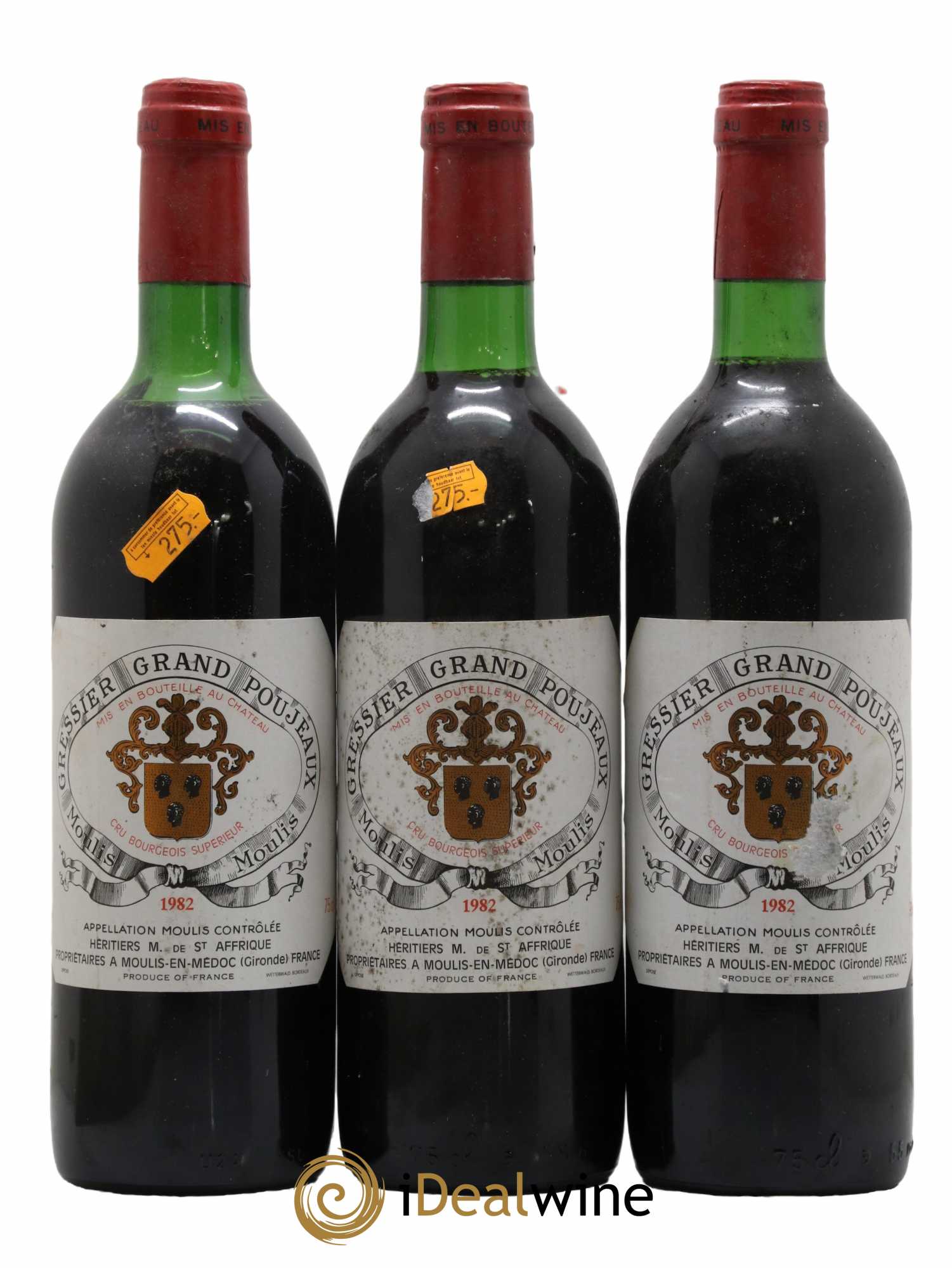 Château Gressier Grand Poujeaux Cru Bourgeois 1982 - Lot de 3 bouteilles - 0