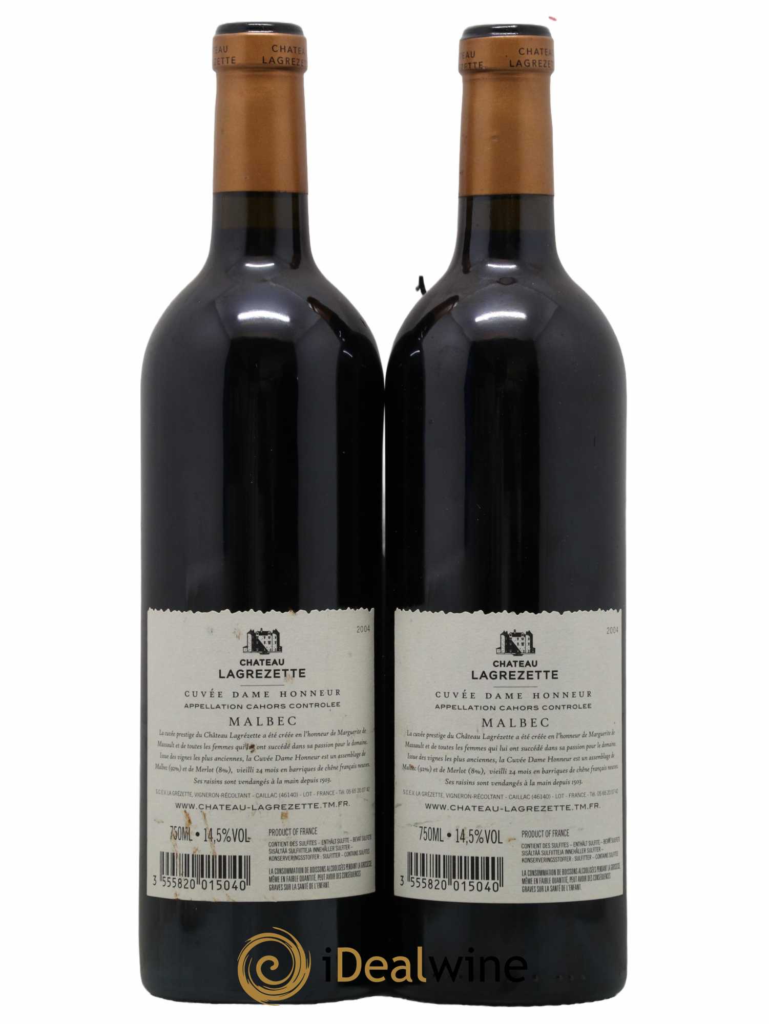 Cahors Château Lagrezette Cuvée Dame Honneur Alain Dominique Perrin 2004 - Lot of 2 bottles - 1
