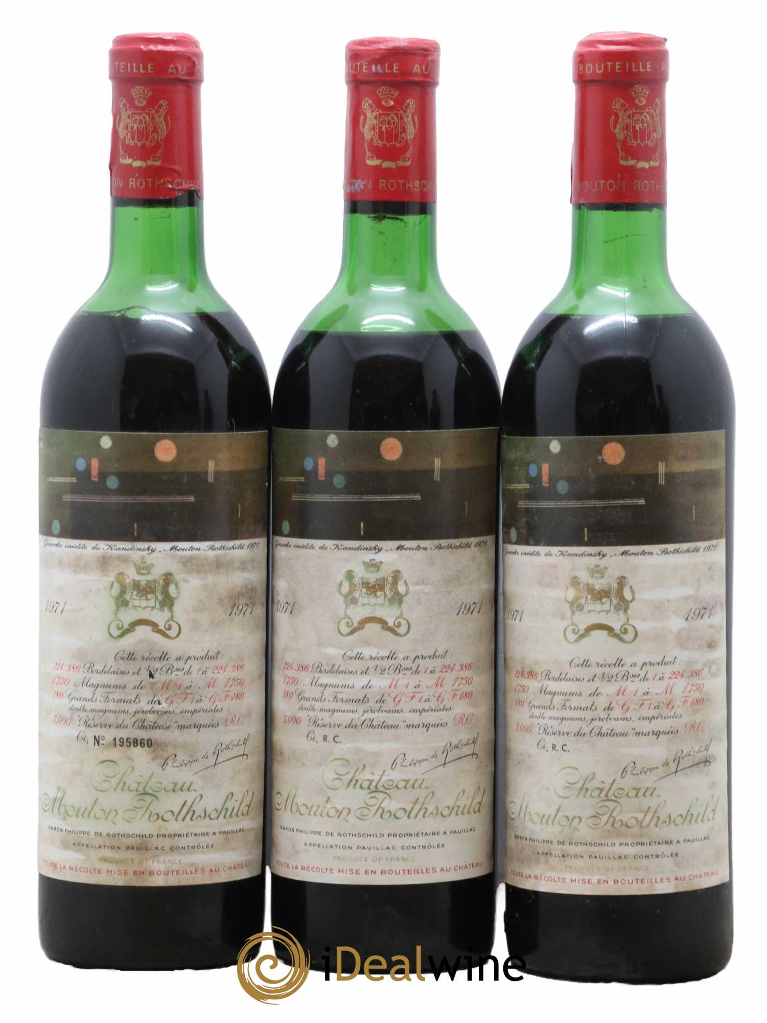 Château Mouton Rothschild 1er Grand Cru Classé 1971 - Lot de 3 bouteilles - 0