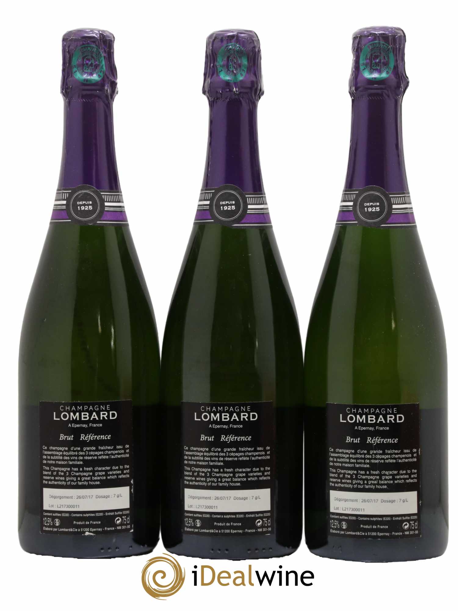 Champagne Brut Référence Domaine Lombard - Lot de 3 bouteilles - 1